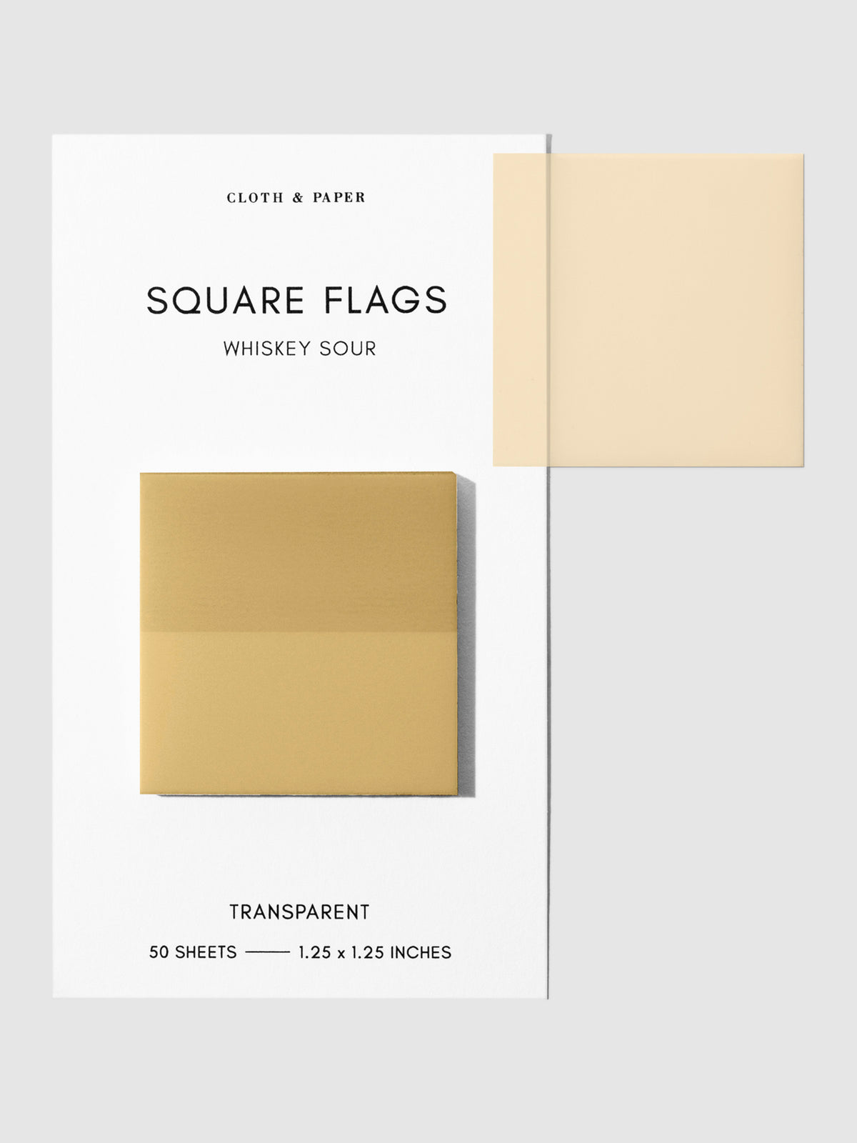 Square Page flag on their backing with one flag removed and attached to the backing to show its transparency. Color shown is Whiskey Sour.