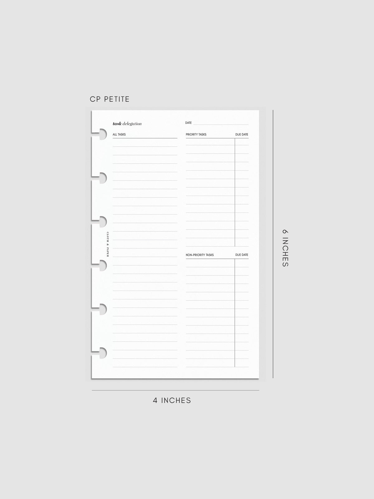 Digital mockup of Task Delegration Planner Inserts in size CP Petite with headers for date, asks, priority tasks, non-priority tasks, and due dates.