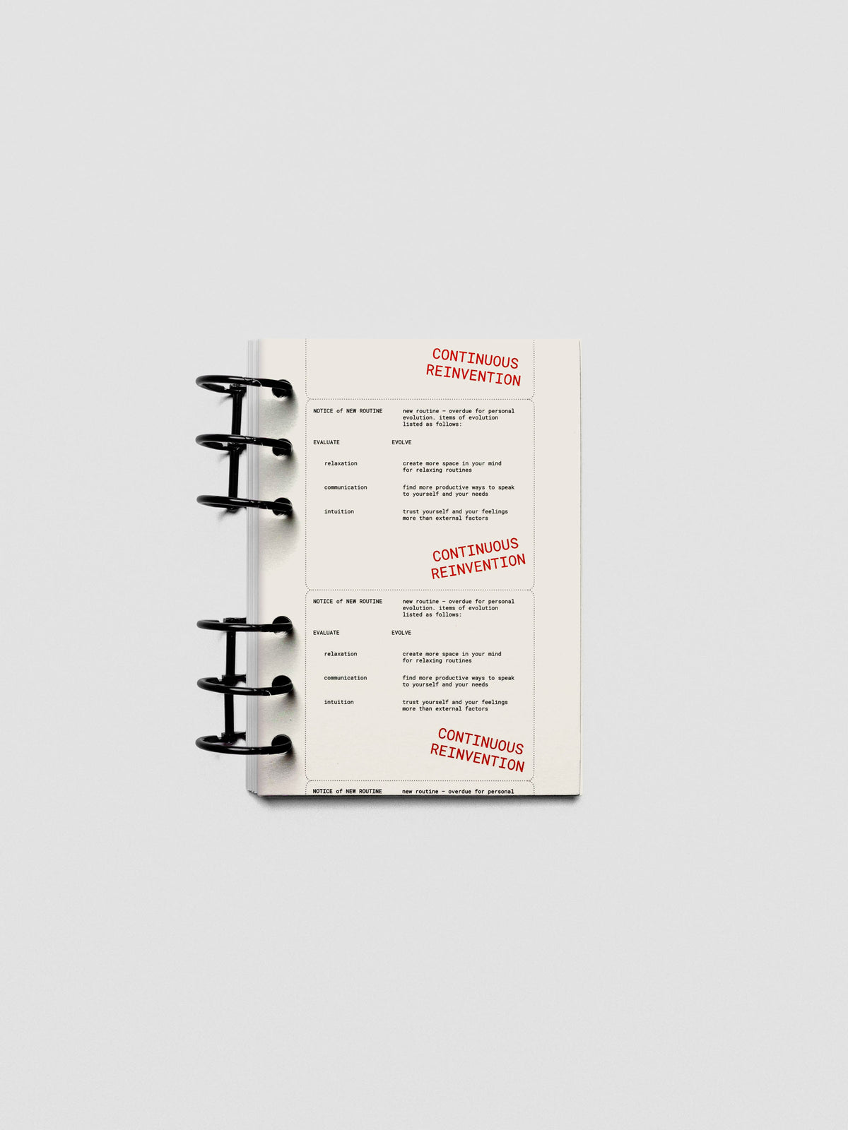 A6 Reinvention Dashboard inside a compact planner with vellum layering effect.