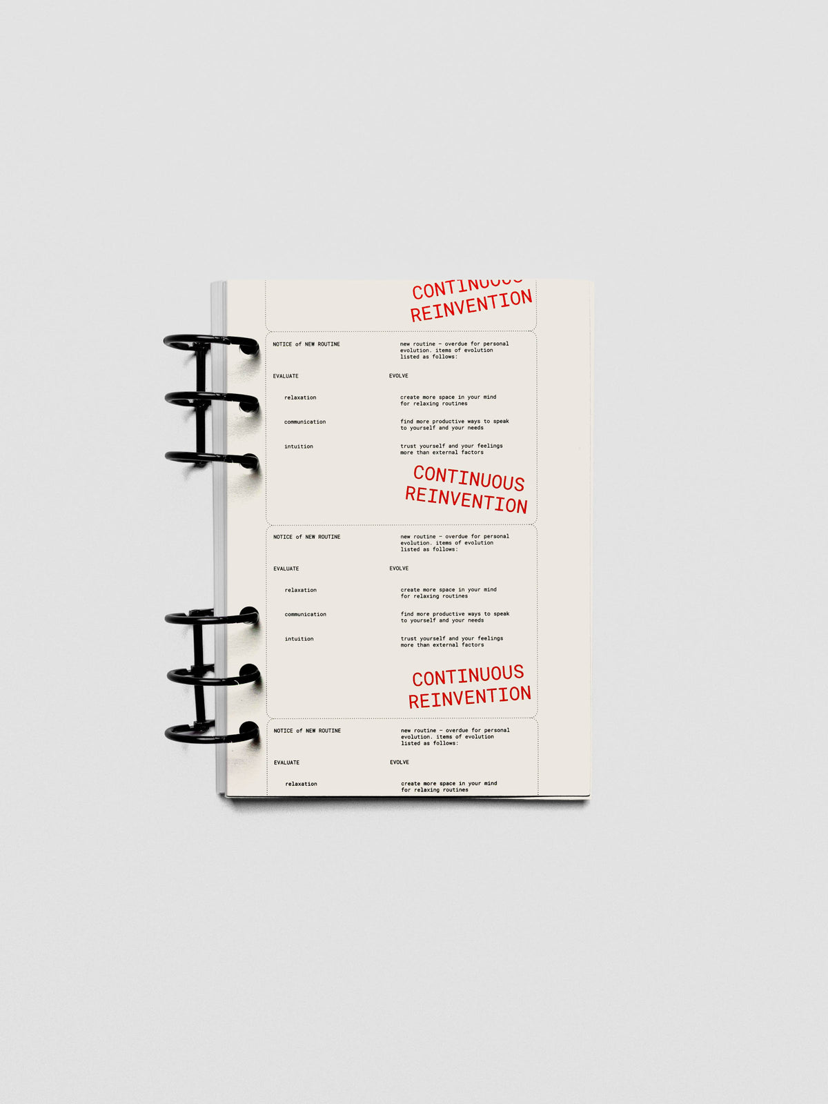 Personal Wide Reinvention Dashboard inside a planner with layered inserts.