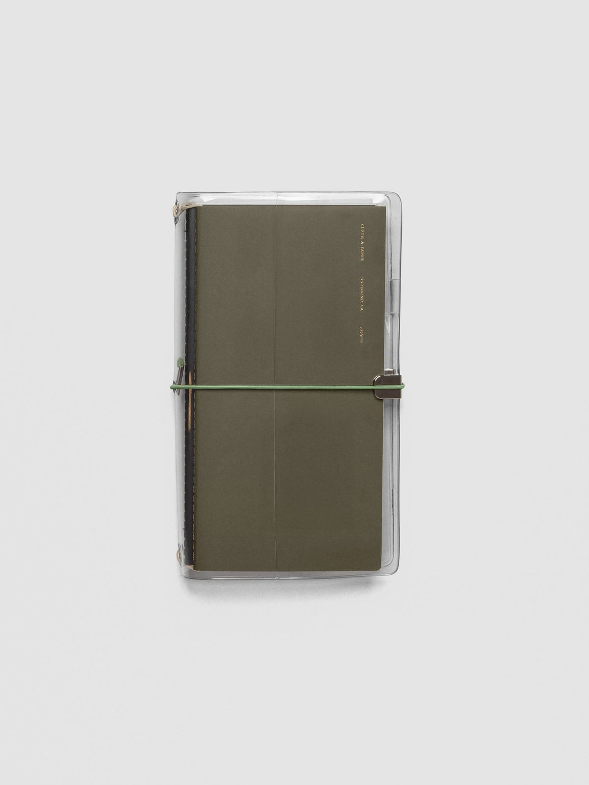 Dark green elastic band stretched across clear vinyl cover, anchored at metal clasp.