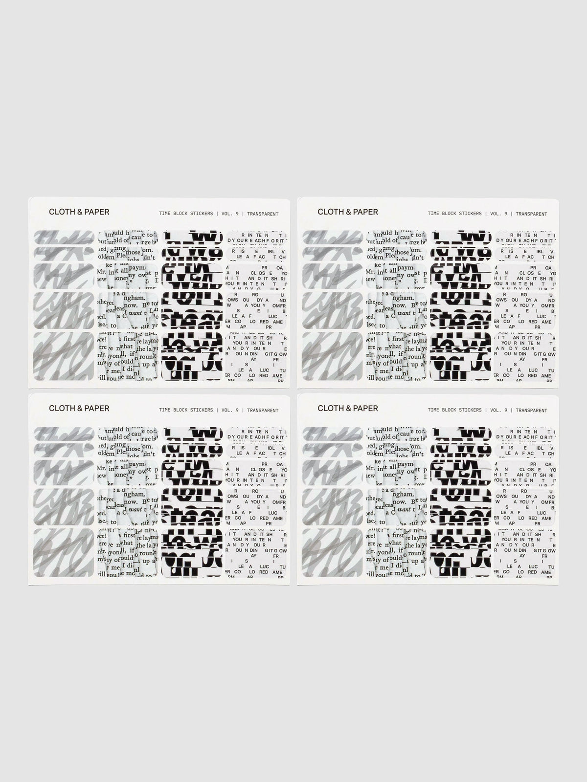 Set of four sheets of Cloth & Paper Time Block Stickers Vol. 9 in transparent. Each sheet includes rectangular stickers with abstract script, bold type, and printed text patterns.