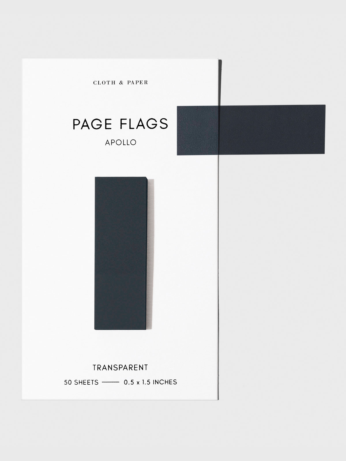 Page flags on their backing with one flag removed and attached to the backing to show its transparency. Color shown is Apollo.