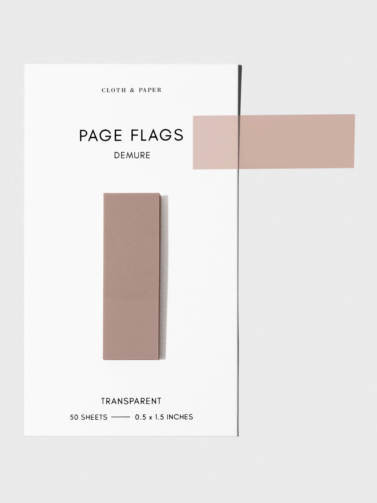Page flags on their backing with one flag removed and attached to the backing to show its transparency. Color shown is Demure.