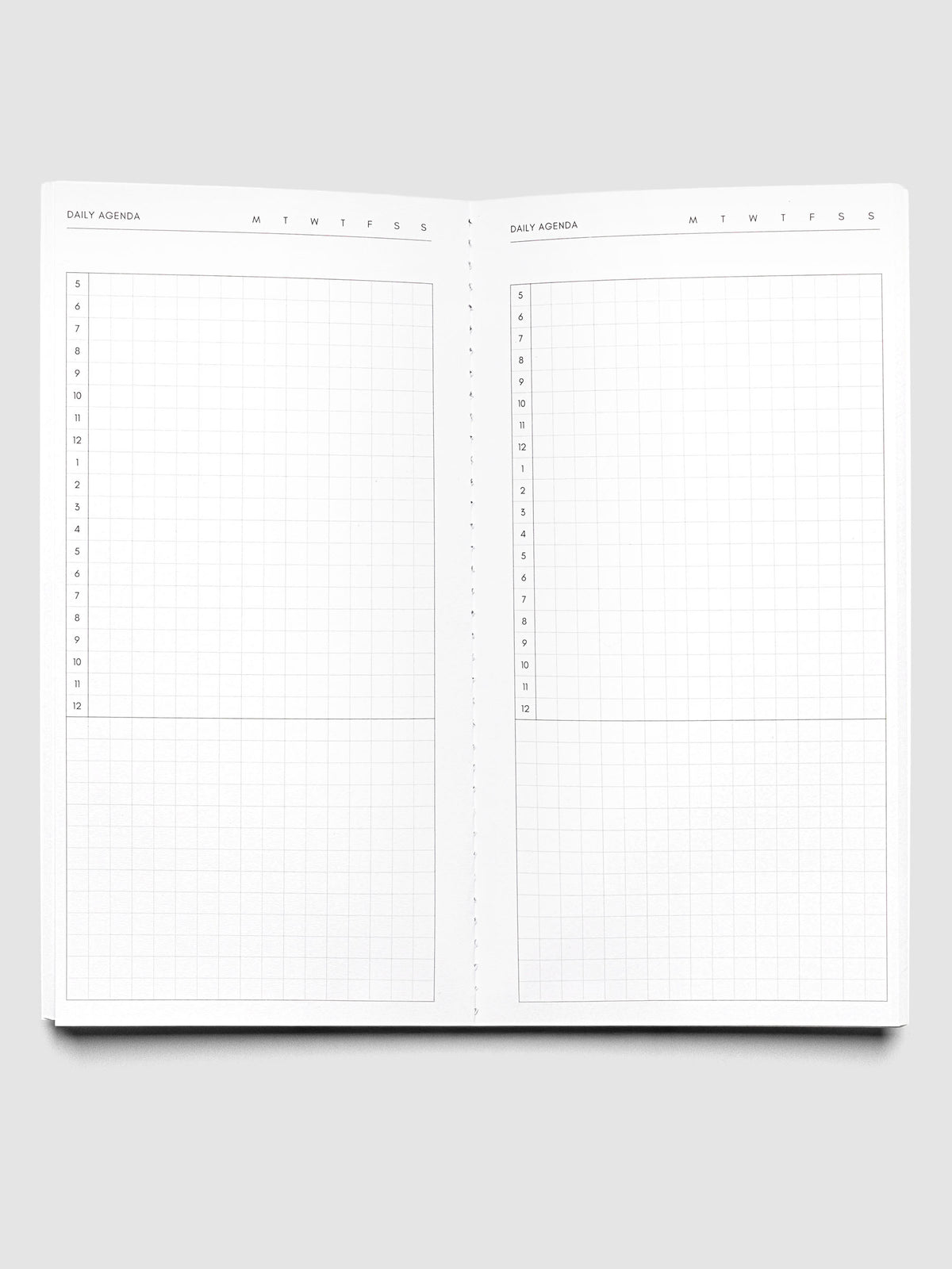 Travel Notebook | A5 Slim | Aspen | Daily Agenda shown open with daily agenda layouts on both side with space for scheduling and labeling the day of the week.