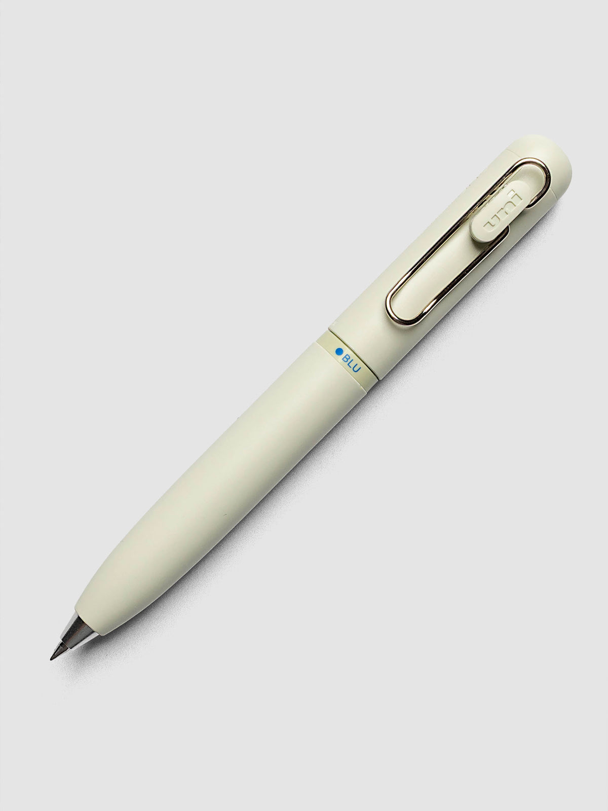 Uni-ball One 3-Color Ballpoint Pen in pale sage green close up of barrel showing BLU color indicator