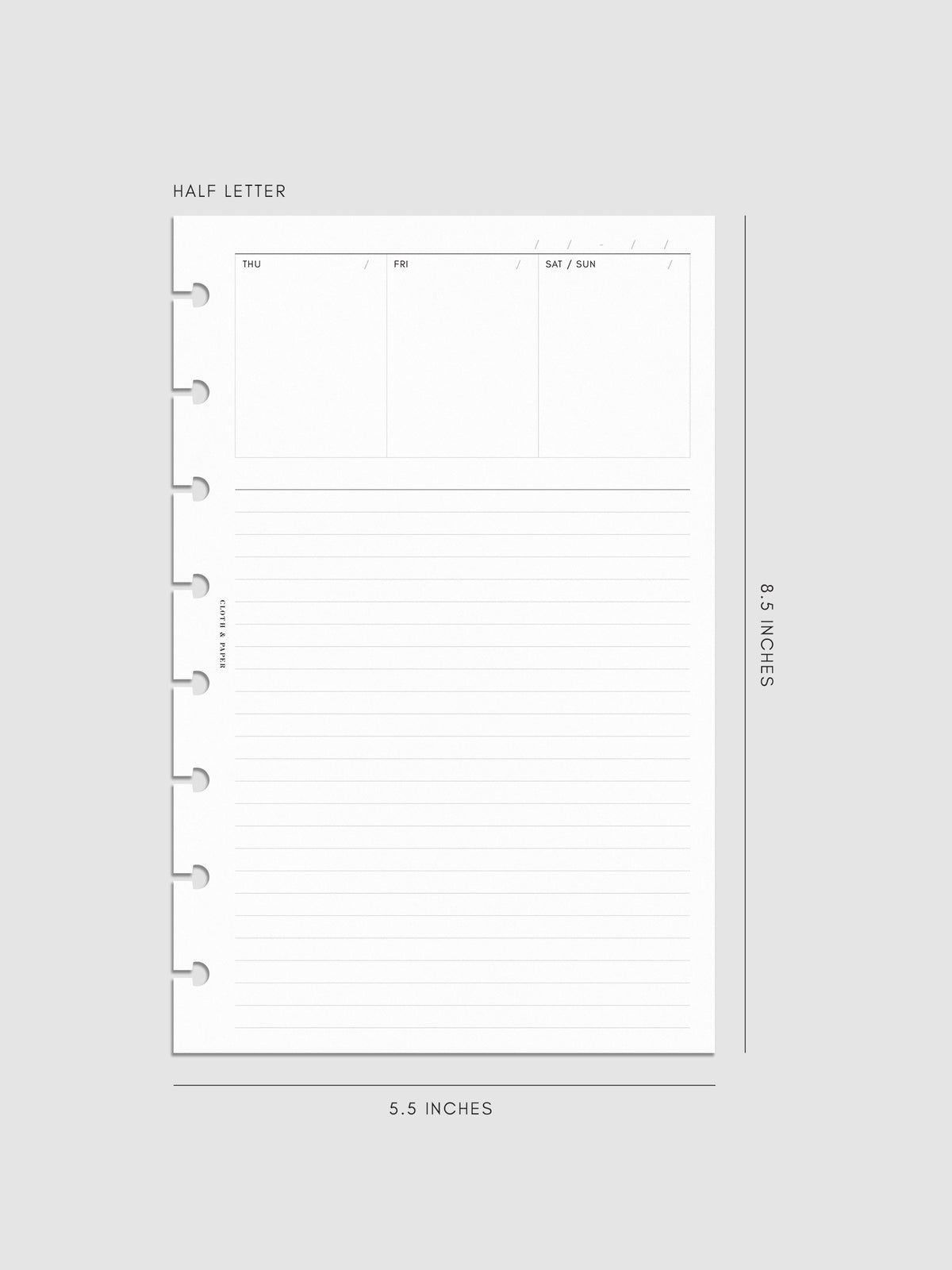 Undated Weekly Notes Planner Inserts in size Half Letter