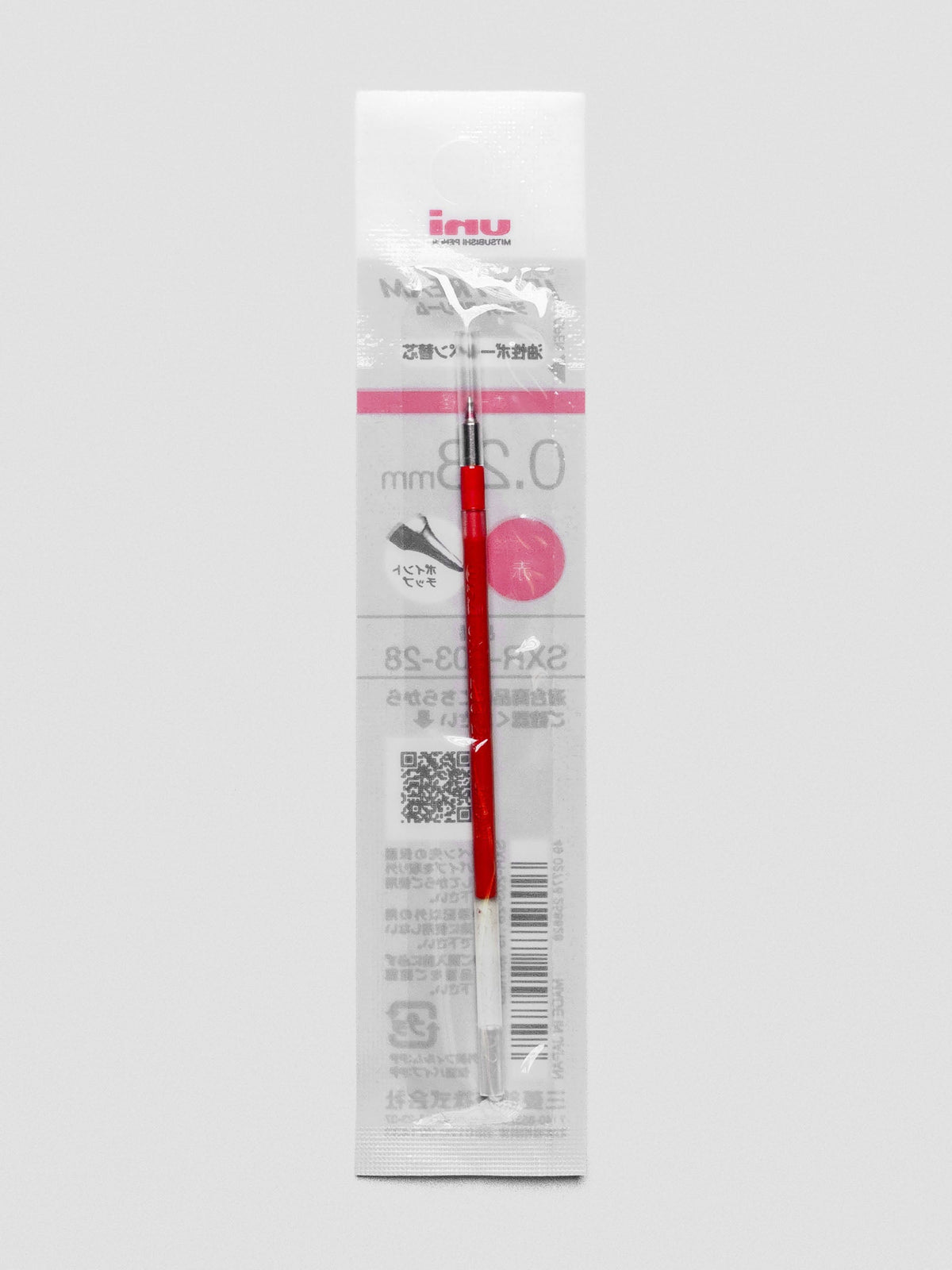 Front view of a pen refill with red ink shown in packaging.