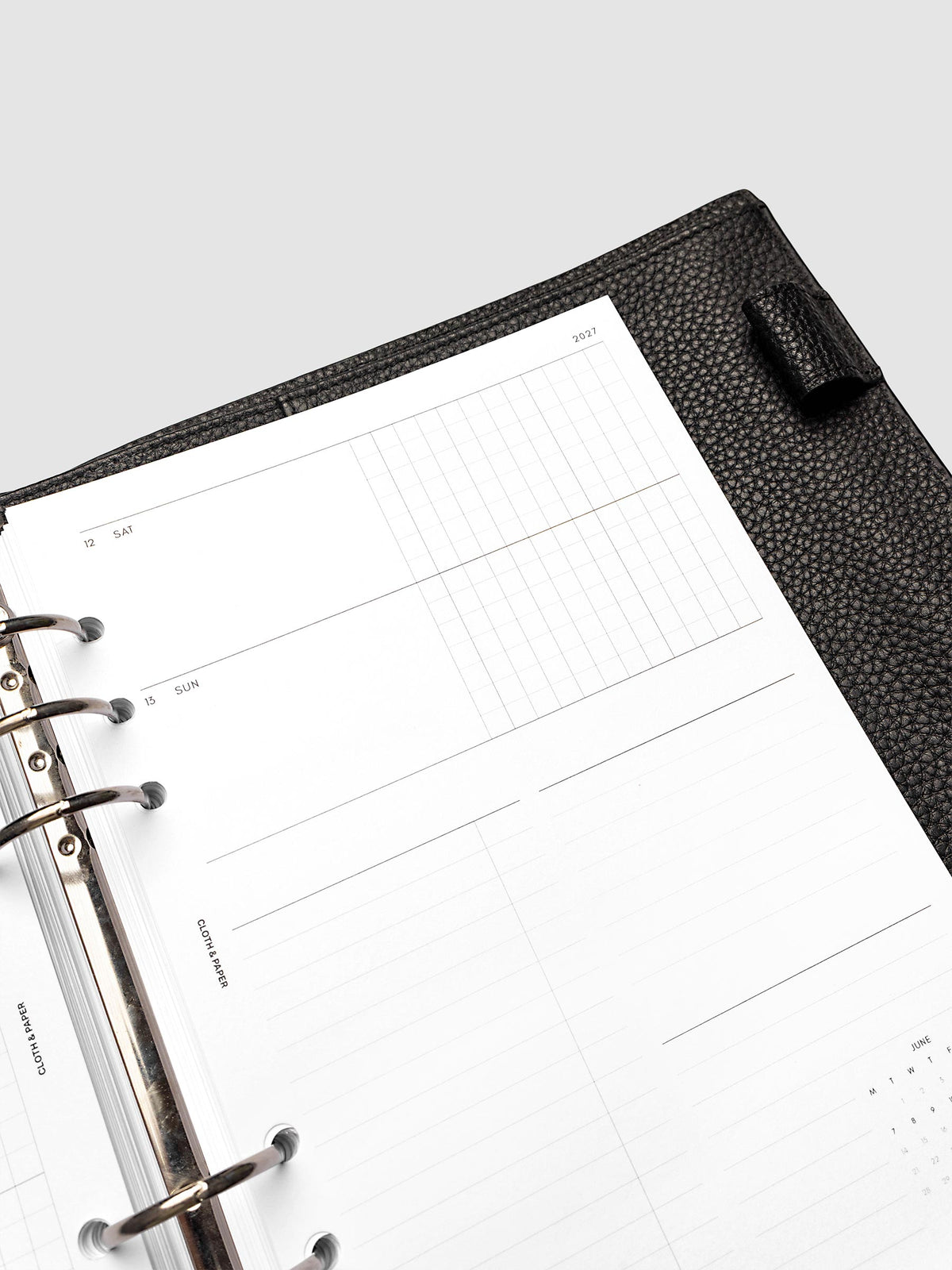 Close-up of the top of the right page of the 2027 Dated Weekly Horizontal Monday Start insert in A5 6-Ring Punch size, showing the weekend dates and tasks and notes columns