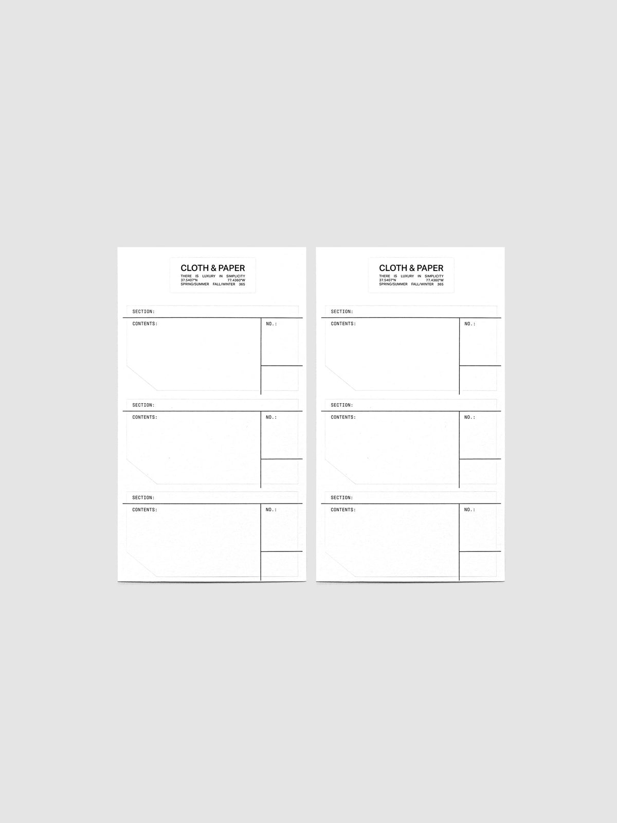 Two small sheets of sticker labels with headers for section, contents and number.