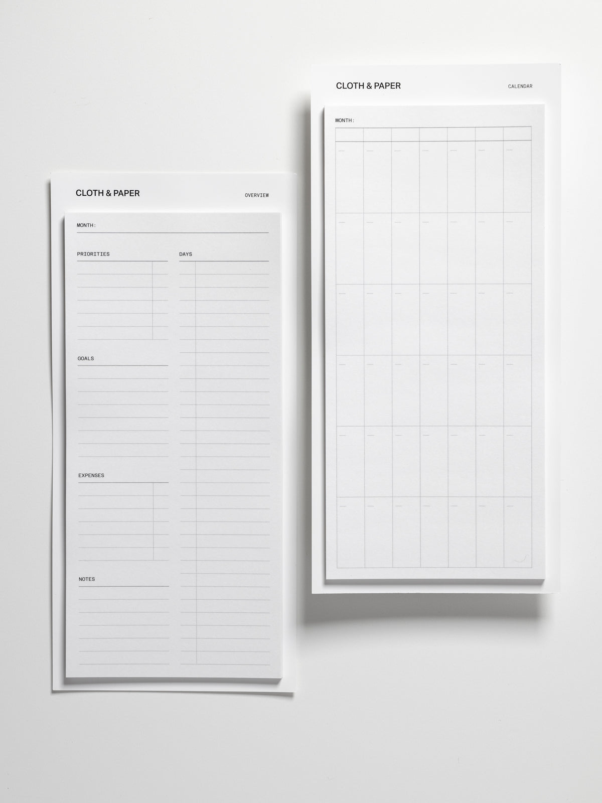 Calendar and Overview sticky note layouts side by side showing full-page monthly planning designs