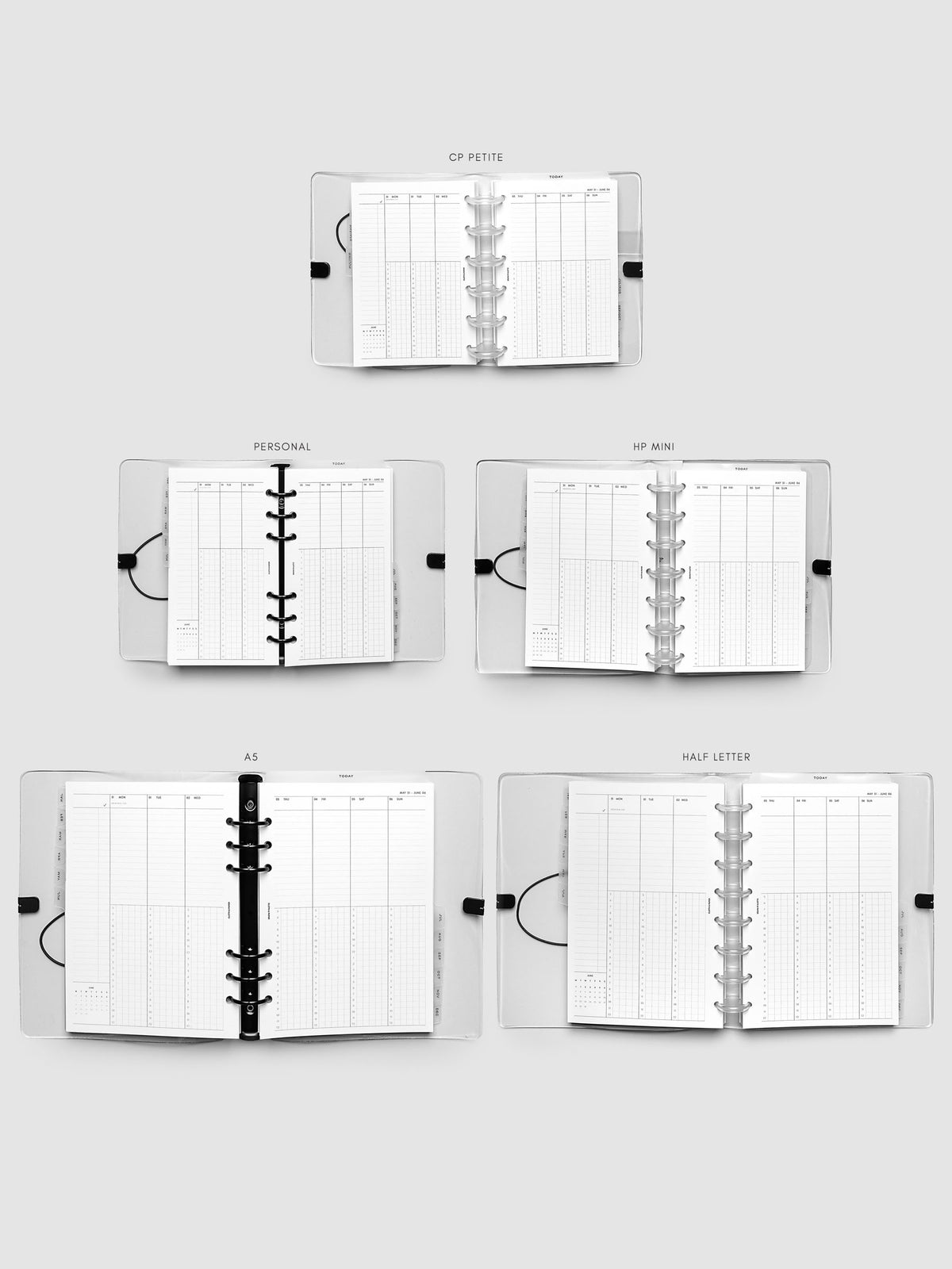 Five open planners of different sizes arranged in a grid and labeled CP Petite, Personal, HP Mini, A5, and Half Letter, each showing the same weekly time block spread for comparison