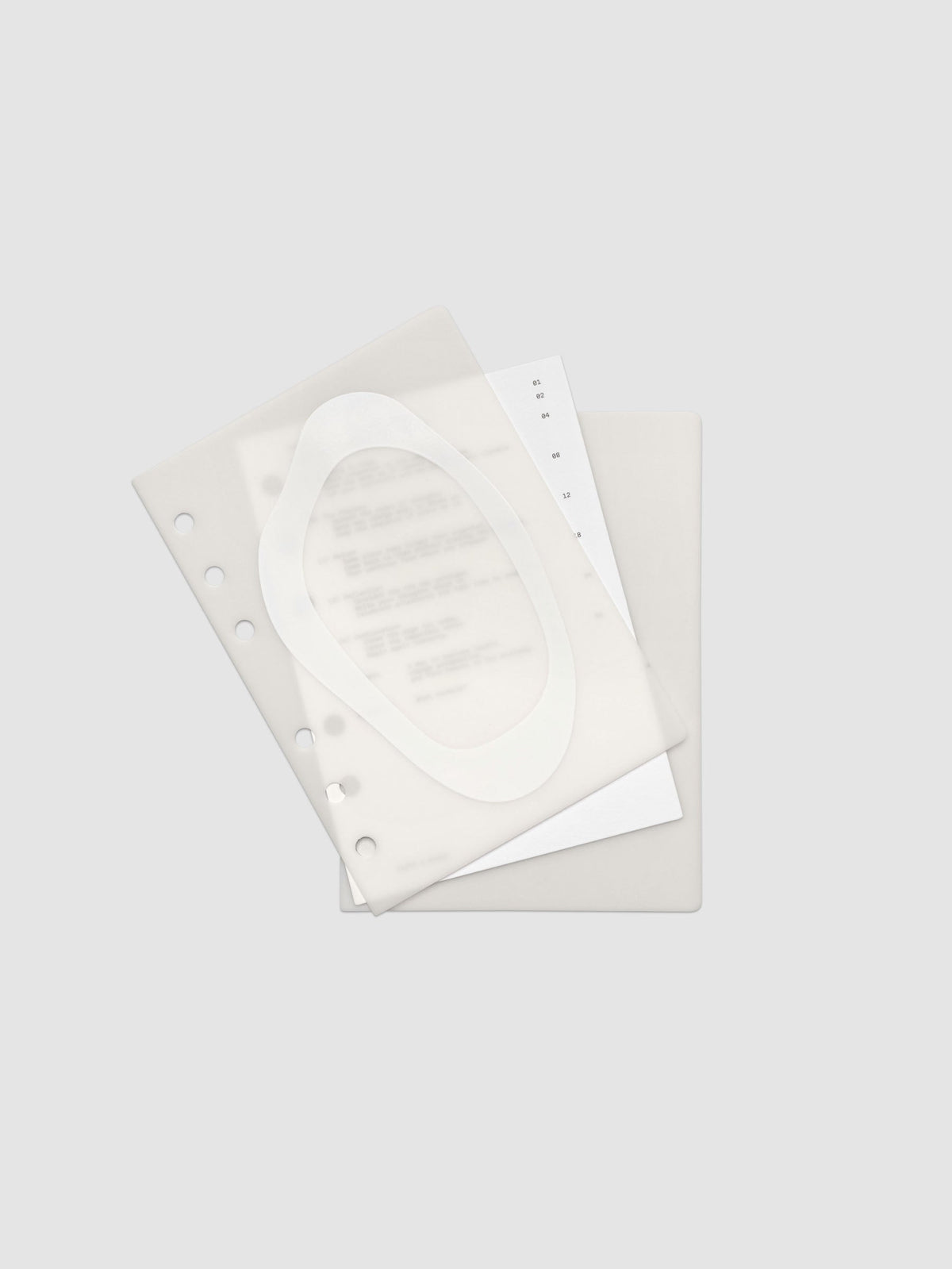 Continuation Planner Cover + Dashboard Set in A6. Milky white frosted plastic cover with a spot gloss organic shape over a black-printed paper dashboard. Image 1 of 3.