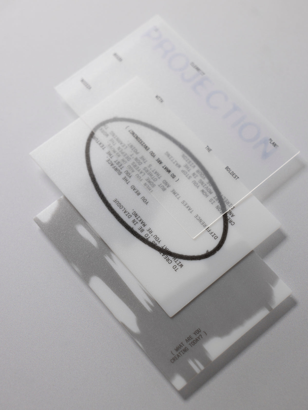 A journaling card set featuring a black ink oval and text, layered over a white card with the word 'PROJECTION' in blue, on a light gray background.