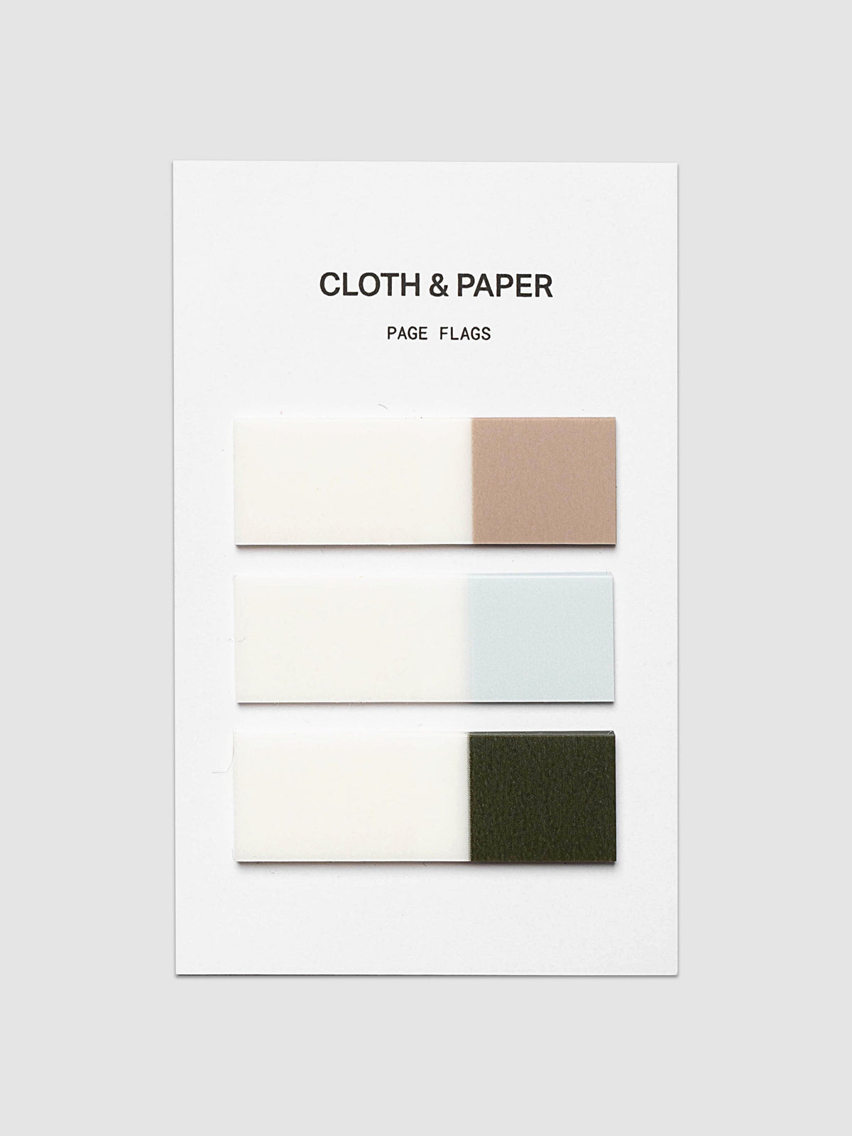 Matchstick Page Flag Set | Cappuccino, Aspen + Cypress | Cloth and Paper. Three page flags on their backing card with cream bases and tips in tan Cappuccino, pale blue Aspen, and deep olive green Cypress.