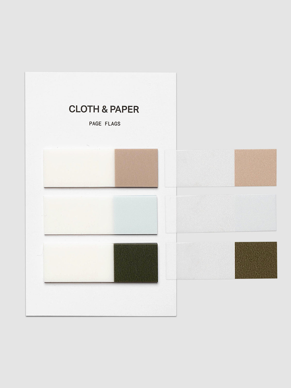 Matchstick Page Flag Set | Cappuccino, Aspen + Cypress | Cloth and Paper. Backing card at left with three loose flags at right, each with a translucent frosted body and a solid colored tip.