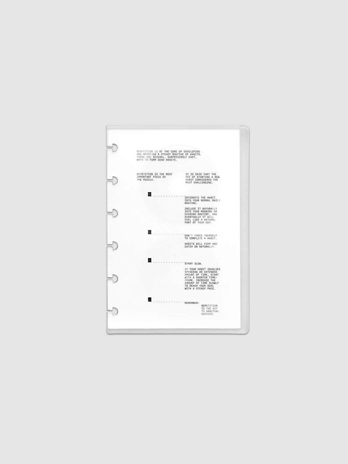 On Repeat Planner Cover + Dashboard Set  shown in size CP Petite, pre-punched for discbound notebooks and planners.