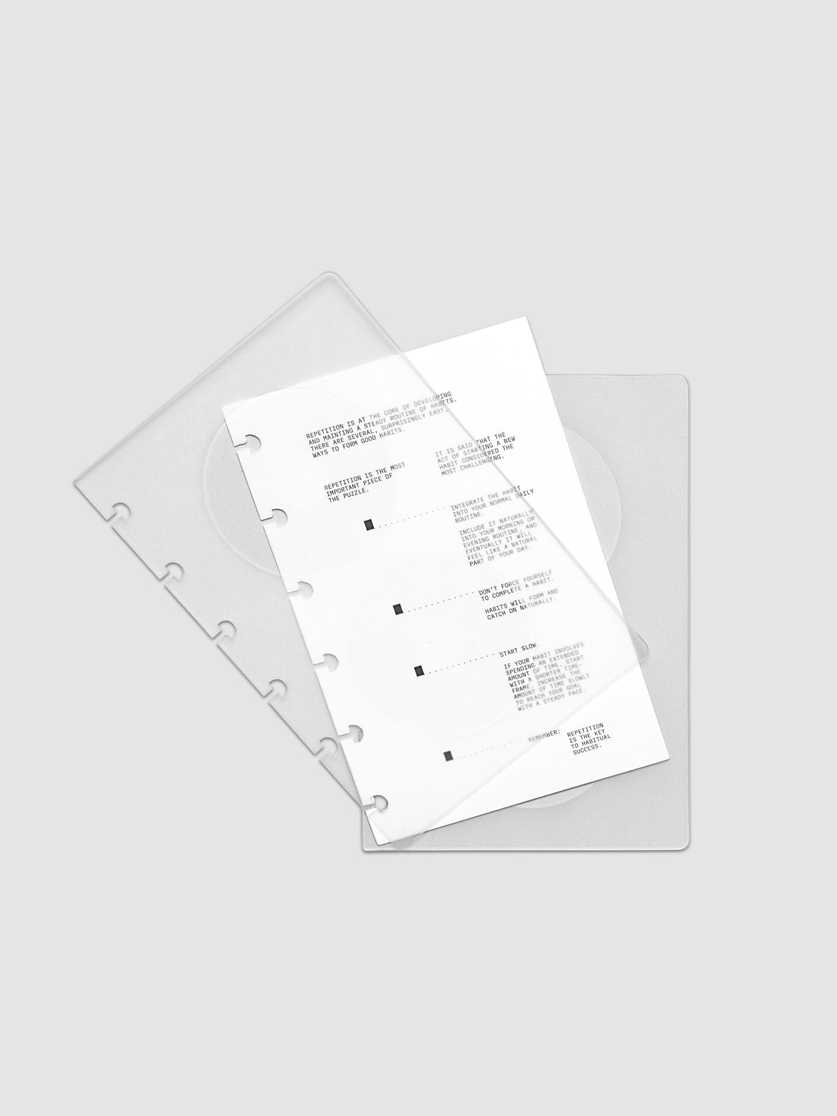 On Repeat Planner Cover + Dashboard Set  shown fanned out in size CP Petite, pre-punched for discbound notebooks and planners.