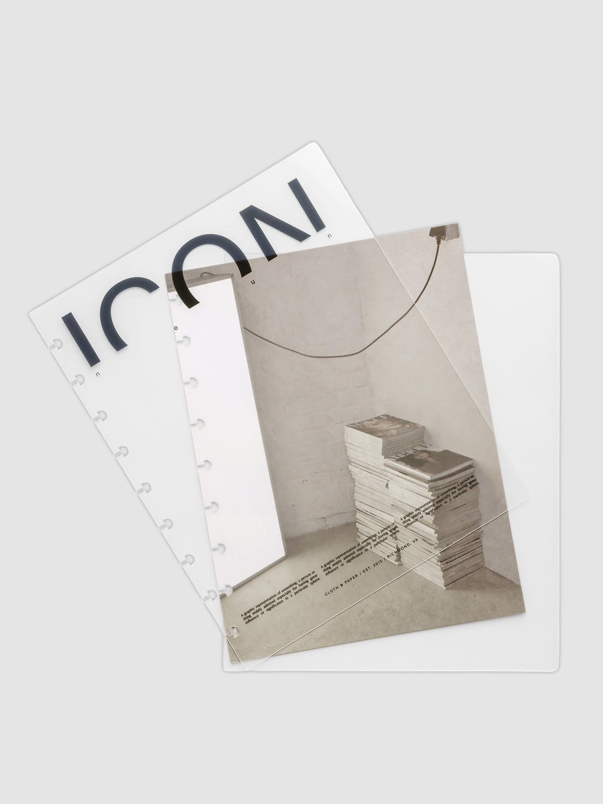 Clear planner cover with black text and a photographic dashboard shown pre-punched for discbound planners in size HP Classic.