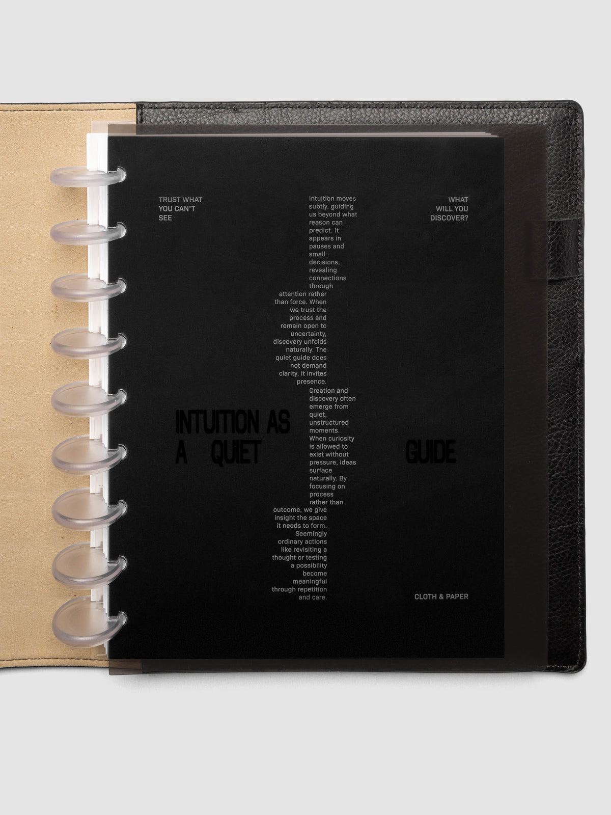 Black Intuition Ultra Thin Planner Cover + Dashboard Set in size HP Classic 9-Disc shown inside a planner