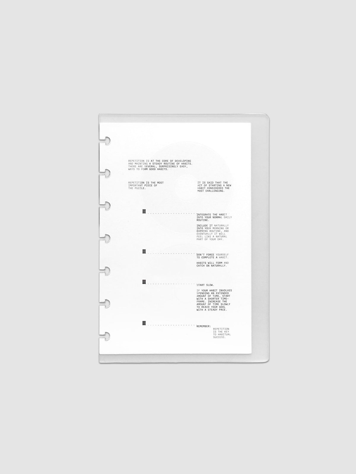 On Repeat Planner Cover + Dashboard Set  shown in size HP Mini, pre-punched for discbound notebooks and planners.