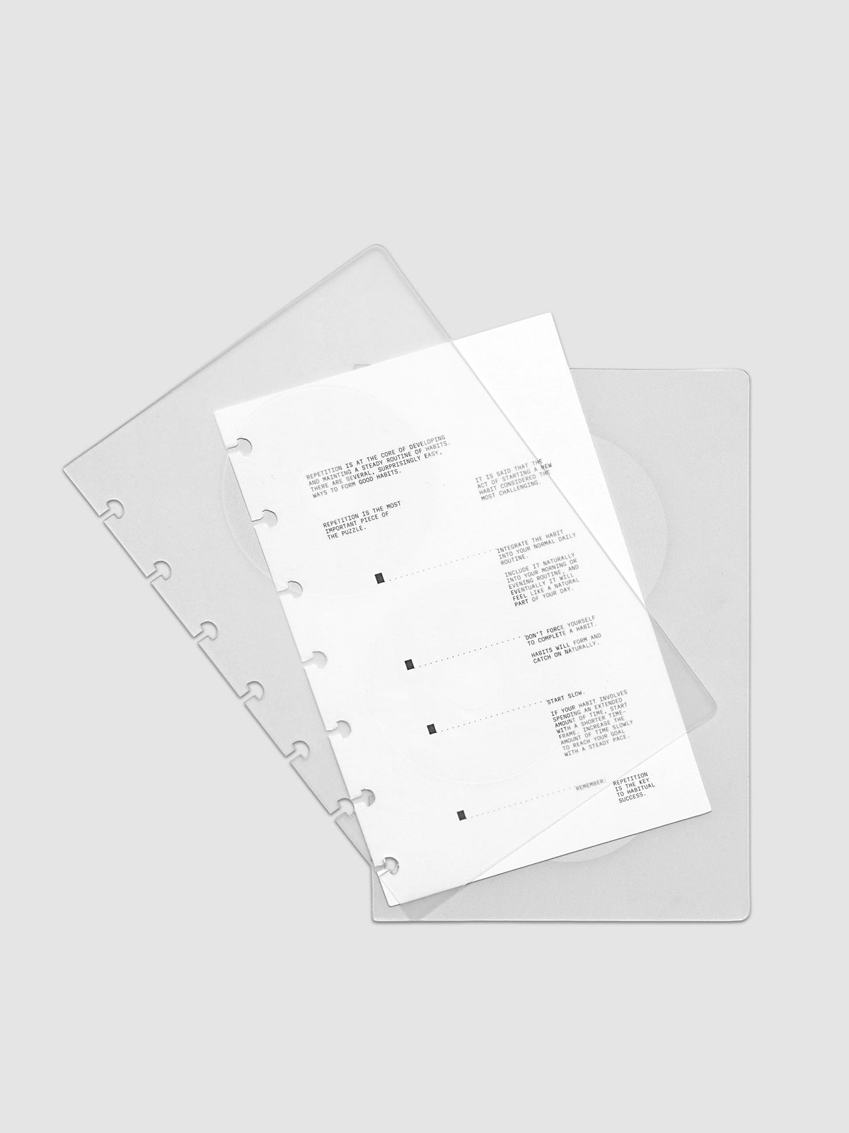 On Repeat Planner Cover + Dashboard Set  shown fanned out in size HP Mini, pre-punched for discbound notebooks and planners.