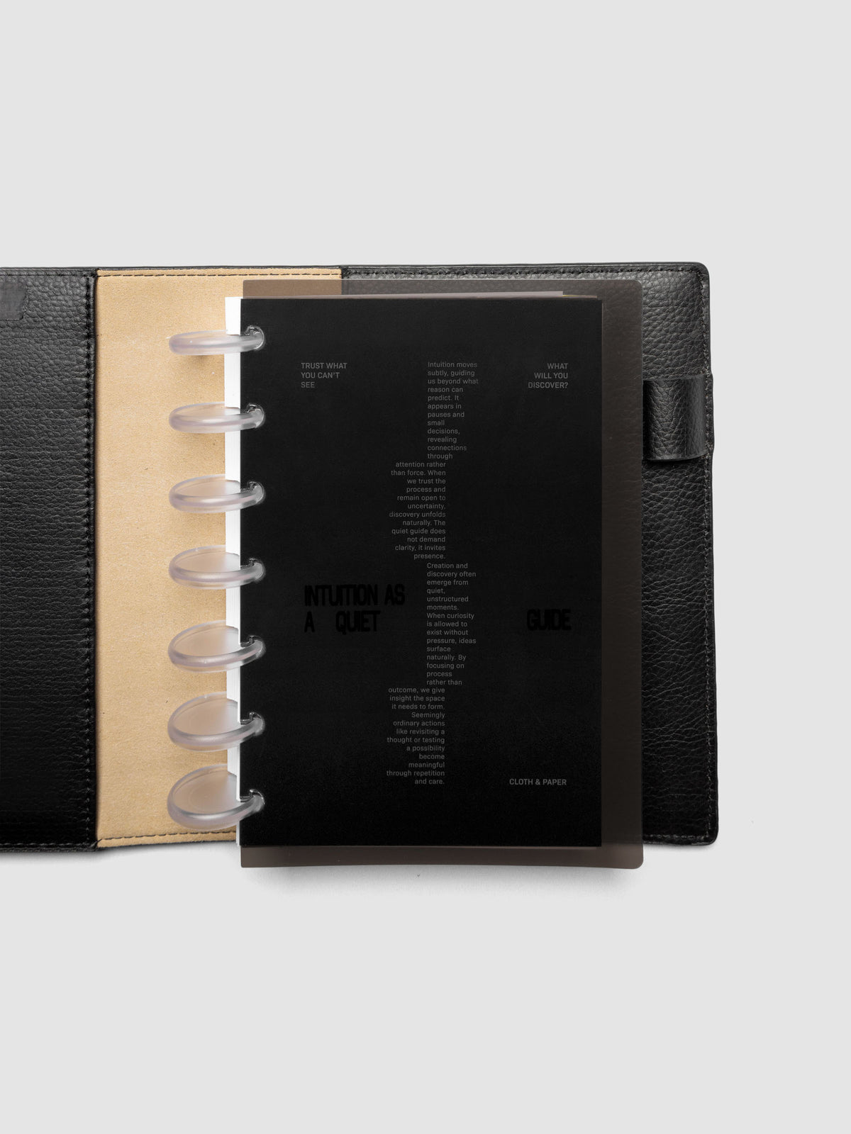 Black Intuition Ultra Thin Planner Cover + Dashboard Set in size HP Mini 7-Disc shown inside a planner