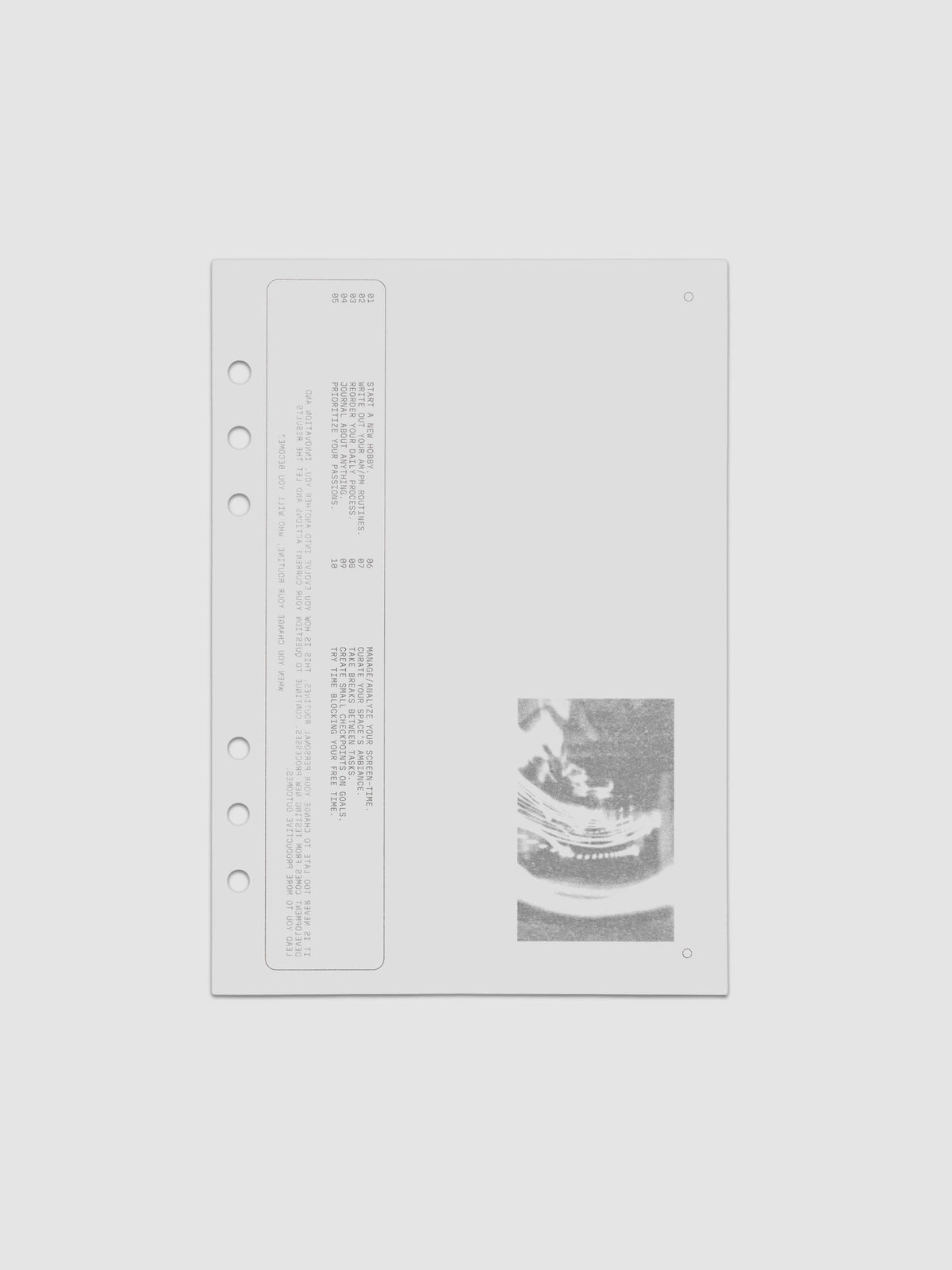 Translucent vellum dashboard with black printed type and photographic designs. Pre-punched for A5 sized 6-ring binders.