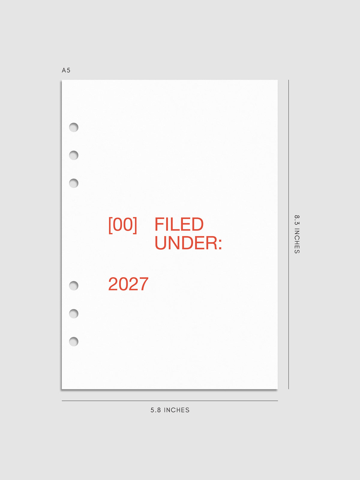 2027 Front + Monthly Dashboard Overlays, Saffron, A5 6-Ring Punch, set of 13 translucent vellum overlays including a front cover overlay and 12 monthly dashboards printed in red and orange ink