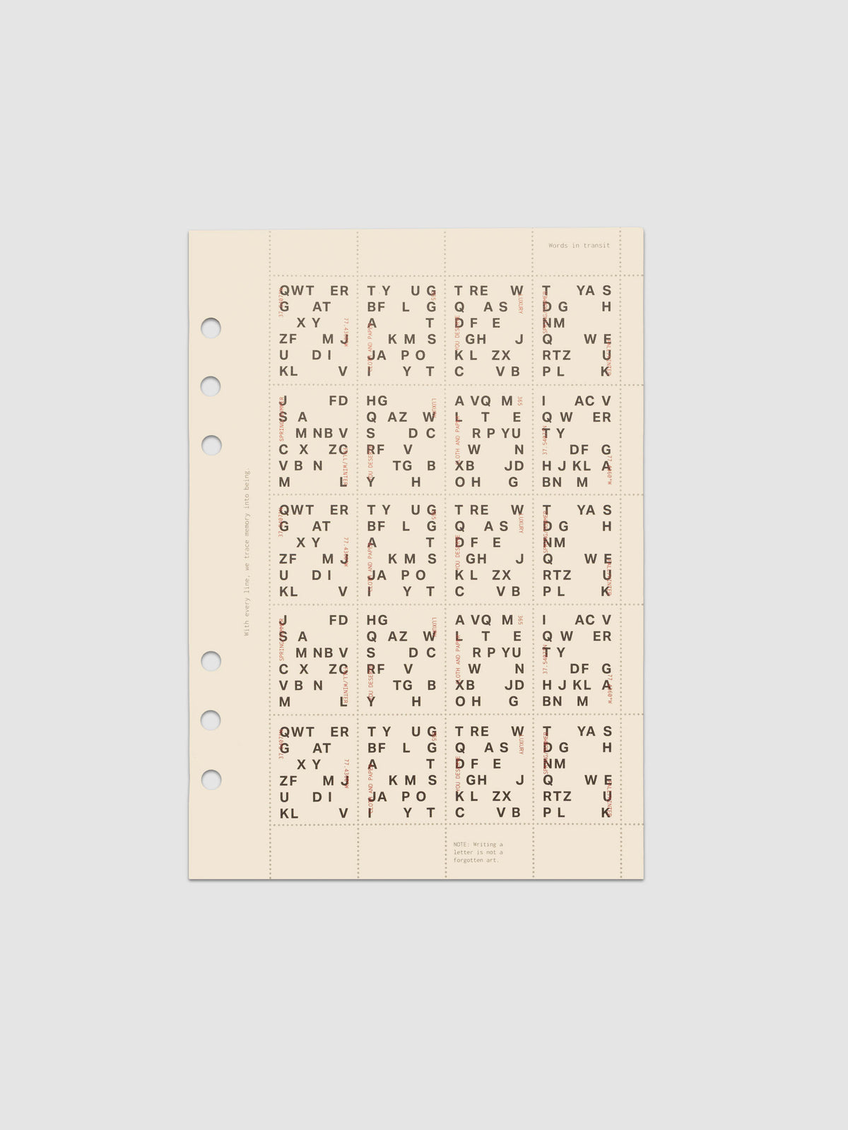 Cream colored Stamp Sheet Planner Dashboard with black text design shown in size A5 against a grey background.