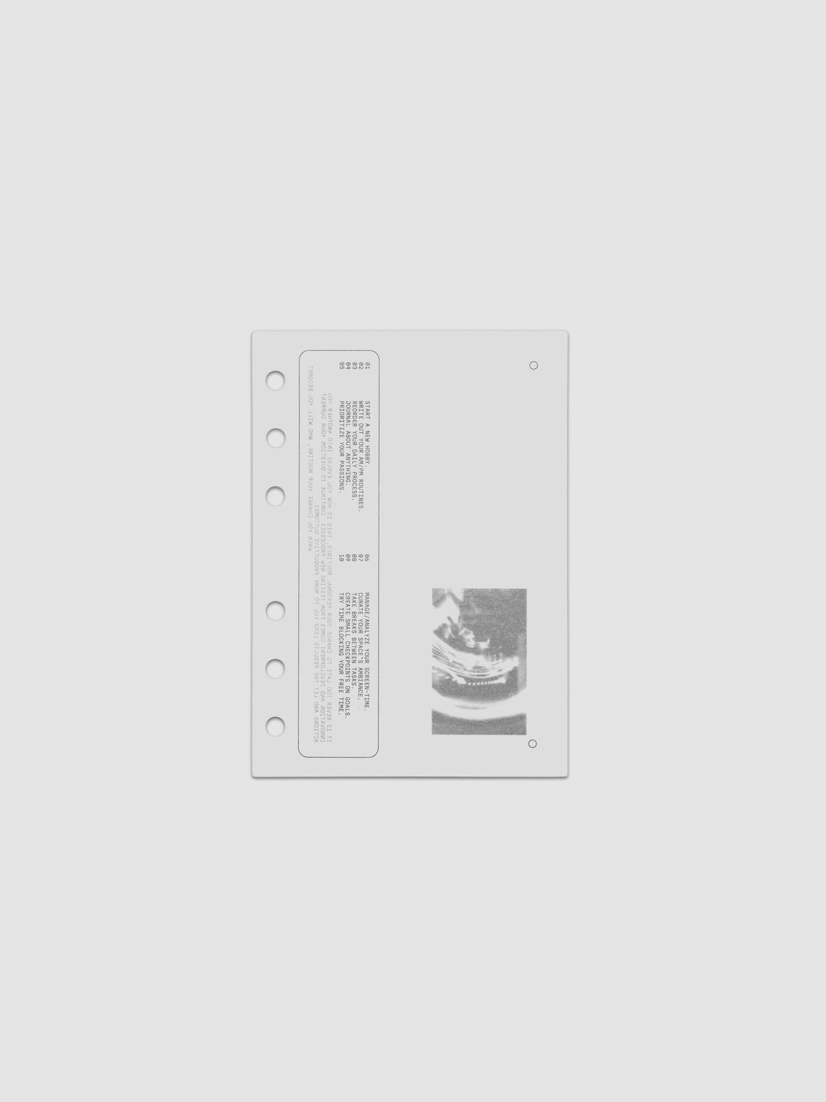 Translucent vellum dashboard with black printed type and photographic designs. Pre-punched for A6 sized 6-ring binders.