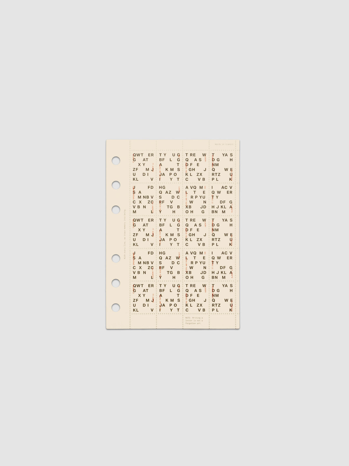 Cream colored Stamp Sheet Planner Dashboard with black text design shown in size A6 against a grey background.