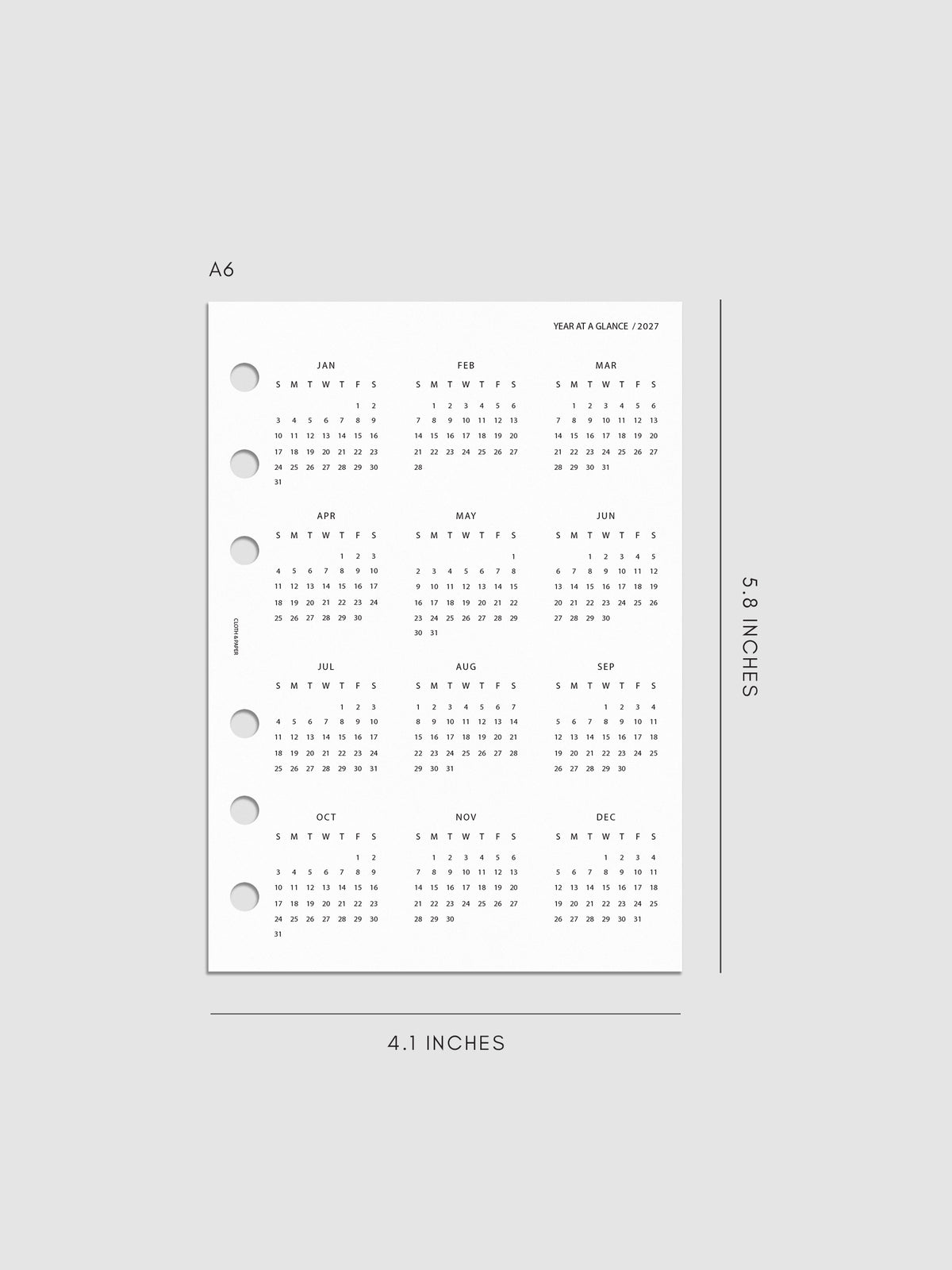 2027 Year At A Glance Dashboard Sunday Start, A6 6-Ring Punch, translucent vellum dashboard printed with a full 2027 year-at-a-glance calendar in Sunday-start format