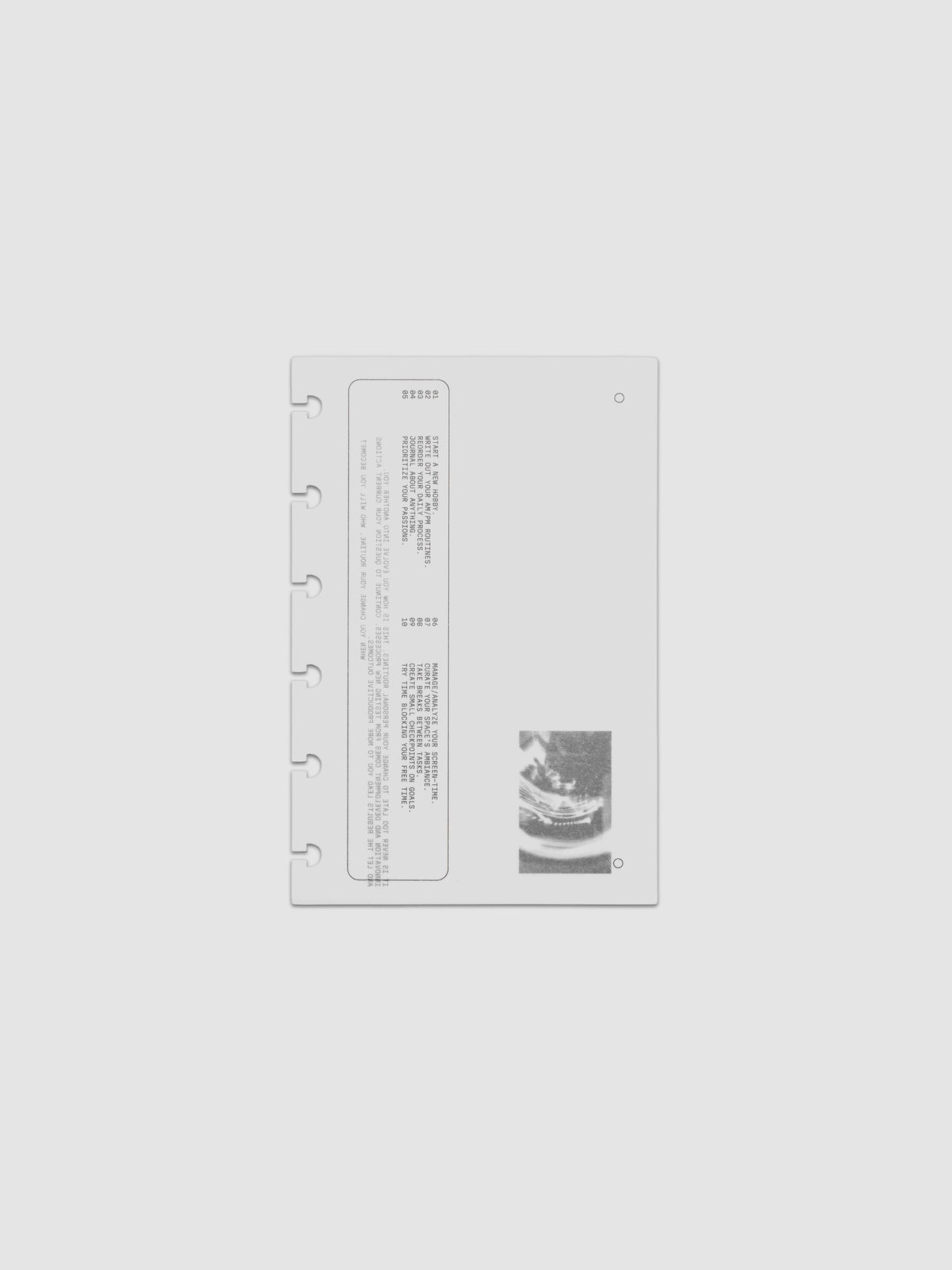 Translucent vellum dashboard with black printed type and photographic designs. Pre-punched for CP Petite sized discbound notebooks and planners.