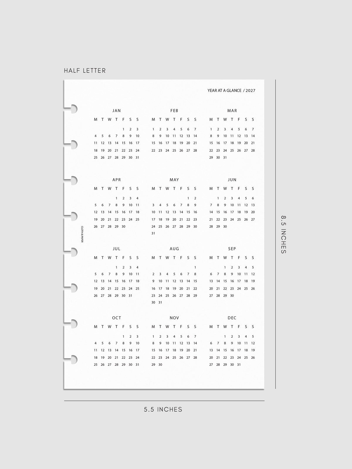 2027 Year At A Glance Dashboard Monday Start, Half Letter 8-Disc Punch, translucent vellum dashboard printed with a full year calendar in Monday-start format