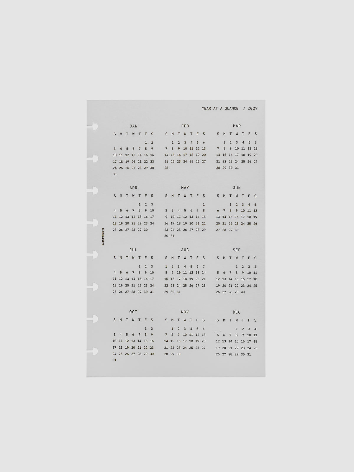 2027 Year At A Glance Dashboard Sunday Start, Half Letter 8-Disc Punch, translucent vellum dashboard shown on its own