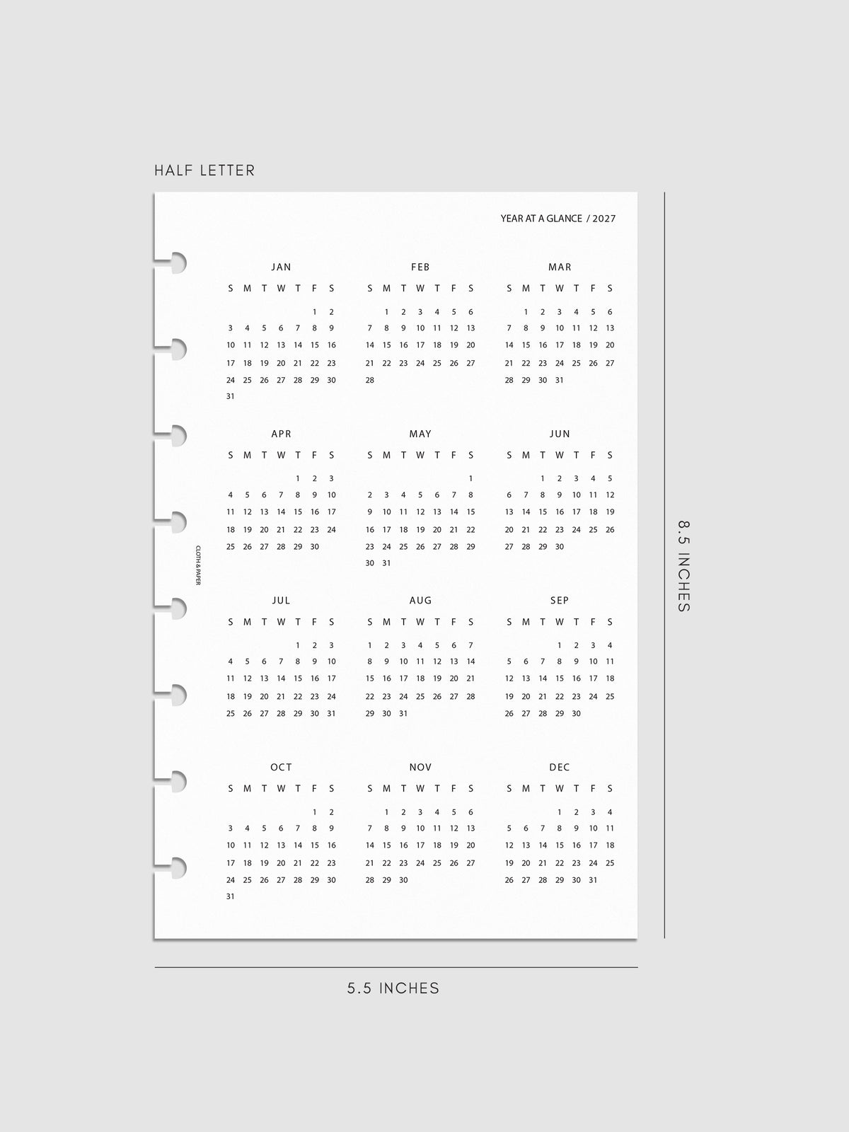 2027 Year At A Glance Dashboard Sunday Start, Half Letter 8-Disc Punch, translucent vellum dashboard printed with a full 2027 year-at-a-glance calendar in Sunday-start format