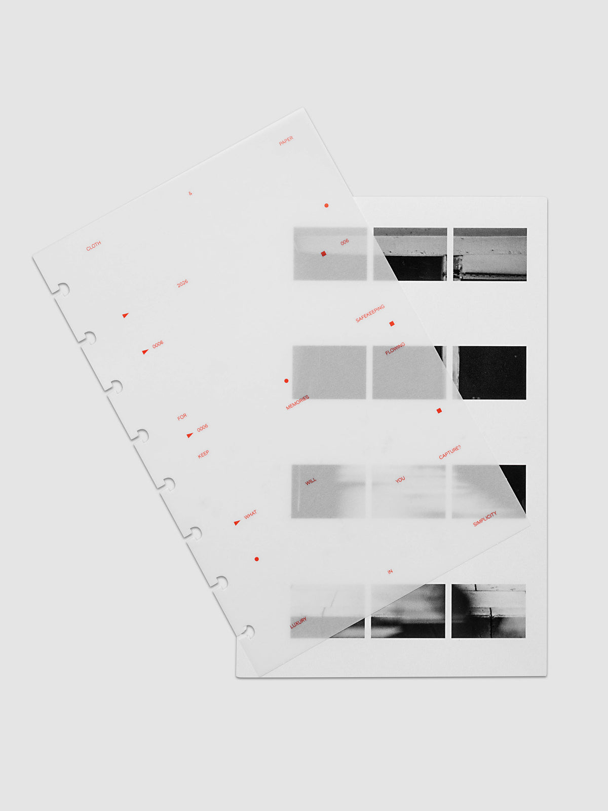 Film Strip Planner Dashboard Duo Half Letter 8-Disc Punch 6-Ring Punch two dashboards offset showing layered vellum and film strip plastic with deep orange printed details