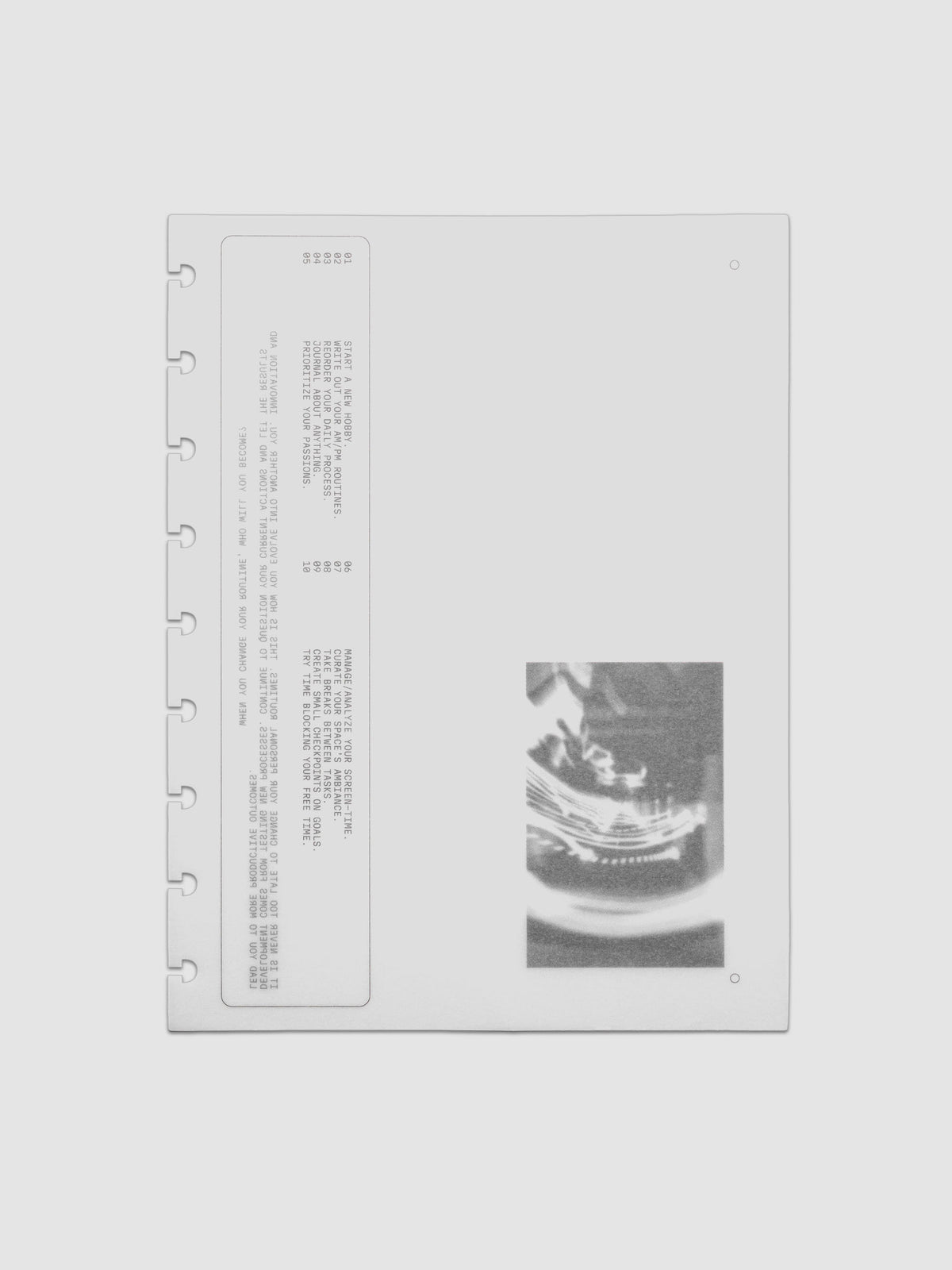 Translucent vellum dashboard with black printed type and photographic designs. Pre-punched for HP Classic sized discbound notebooks and planners.