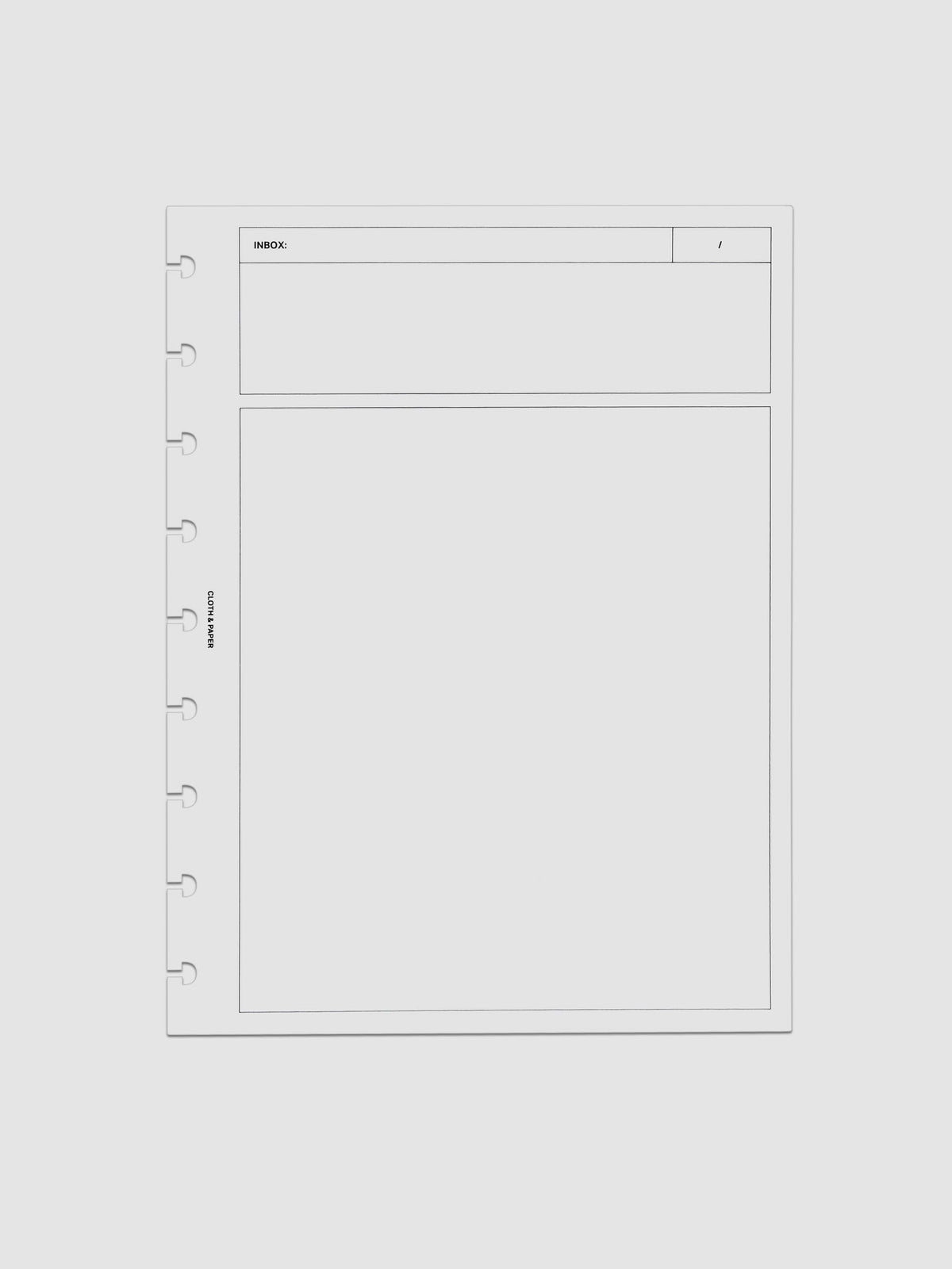 Clear, flexible plastic dashboard with black printed rectangular boxes and a header titled 'Inbox'. Shown in size HP Classic, pre-punched for discbound notebooks and planners.