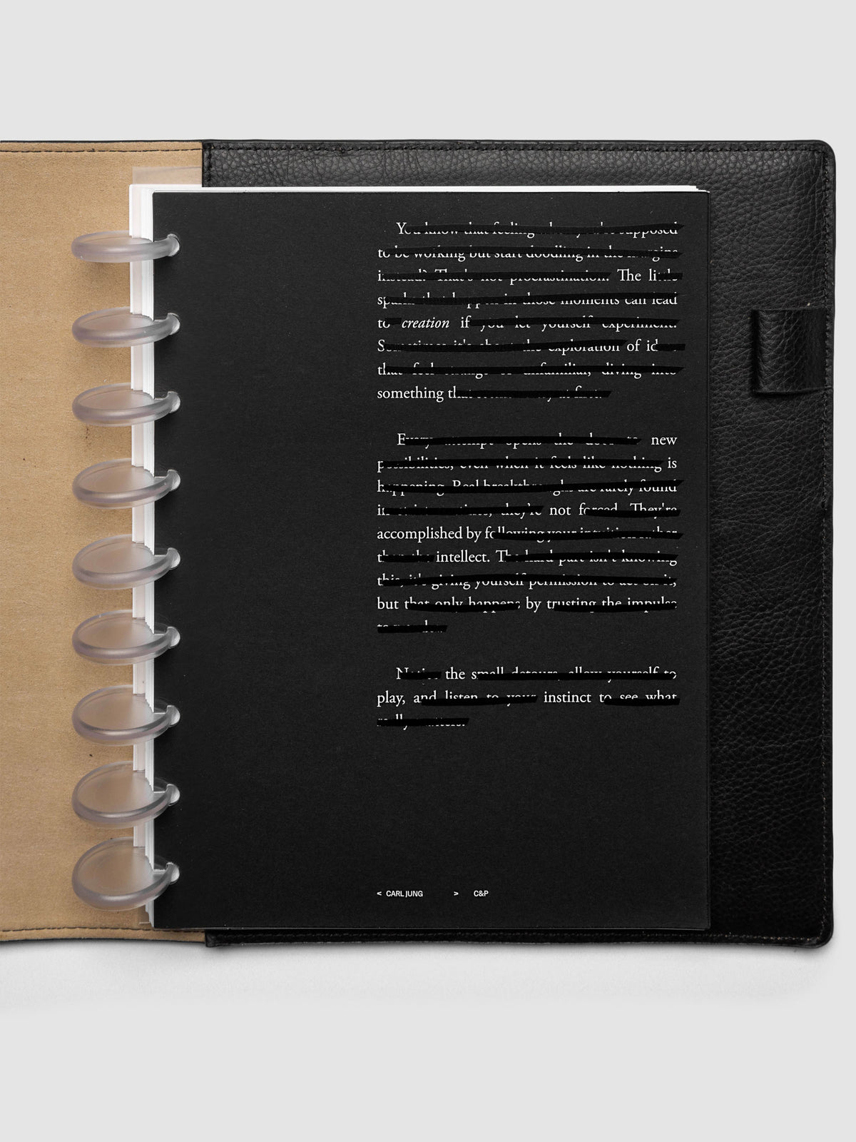 Black, white, and transparent dual layer planner dashboard shown in size HP Classic 9-Disc Punch inside a planner