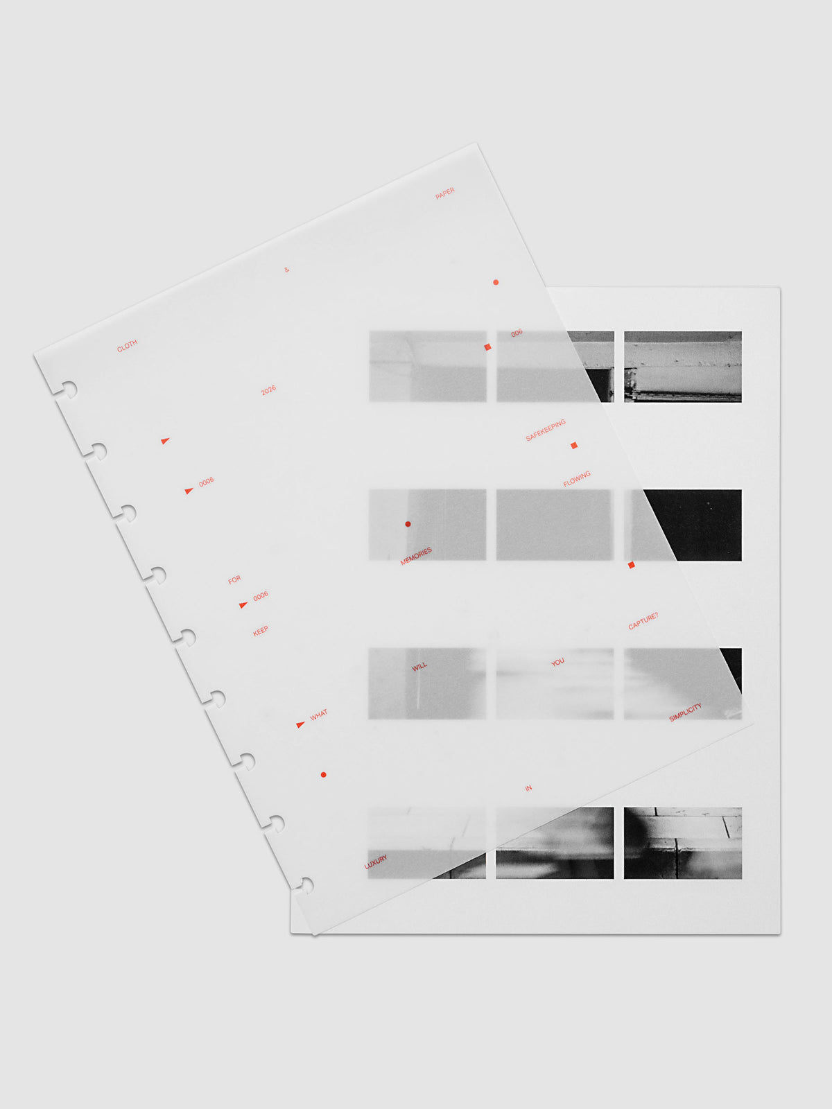 Film Strip Planner Dashboard Duo HP Classic 9-Disc Punch 6-Ring Punch two dashboards offset showing layered vellum and film strip plastic with deep orange printed details