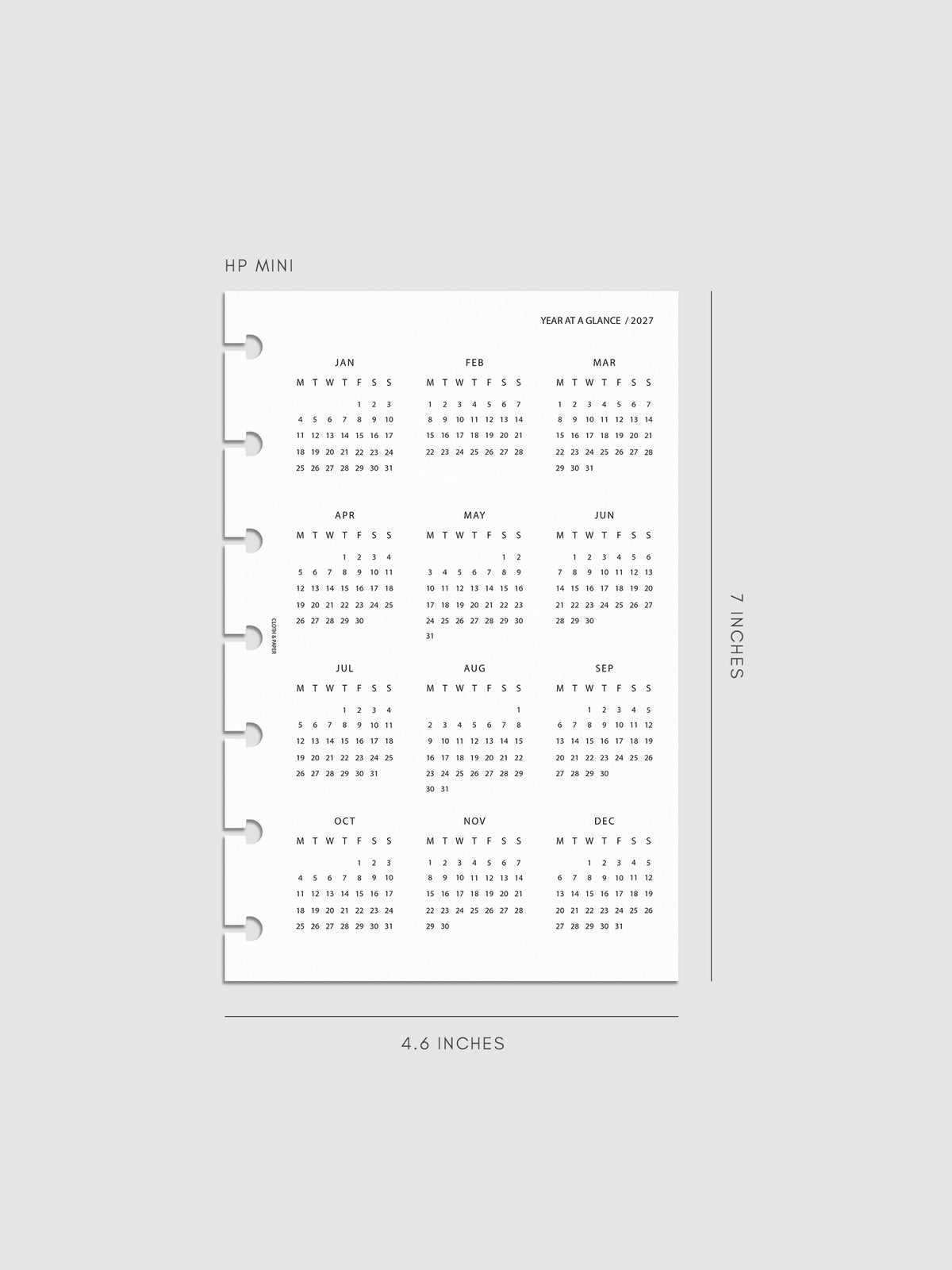 2027 Year At A Glance Dashboard Monday Start, HP Mini 7-Disc Punch, translucent vellum dashboard printed with a full year calendar in Monday-start format