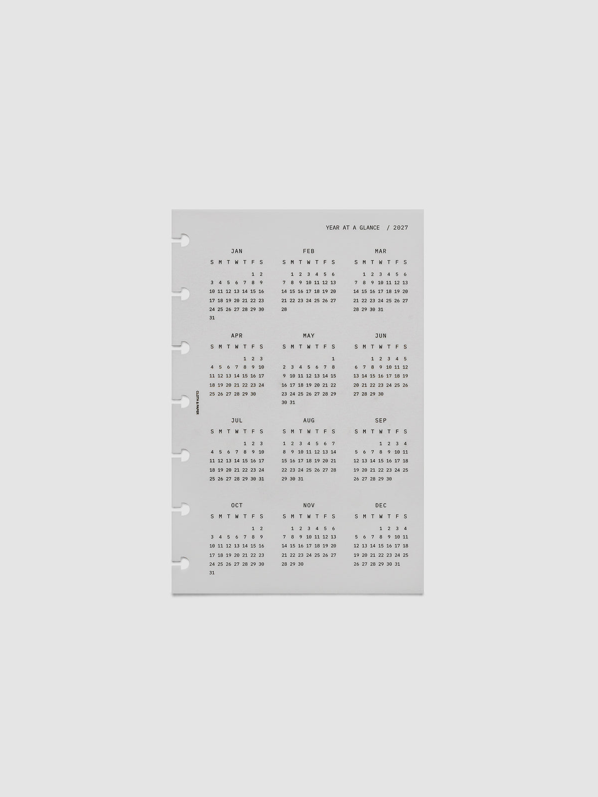 2027 Year At A Glance Dashboard Sunday Start, HP Mini 7-Disc Punch, translucent vellum dashboard shown on its own