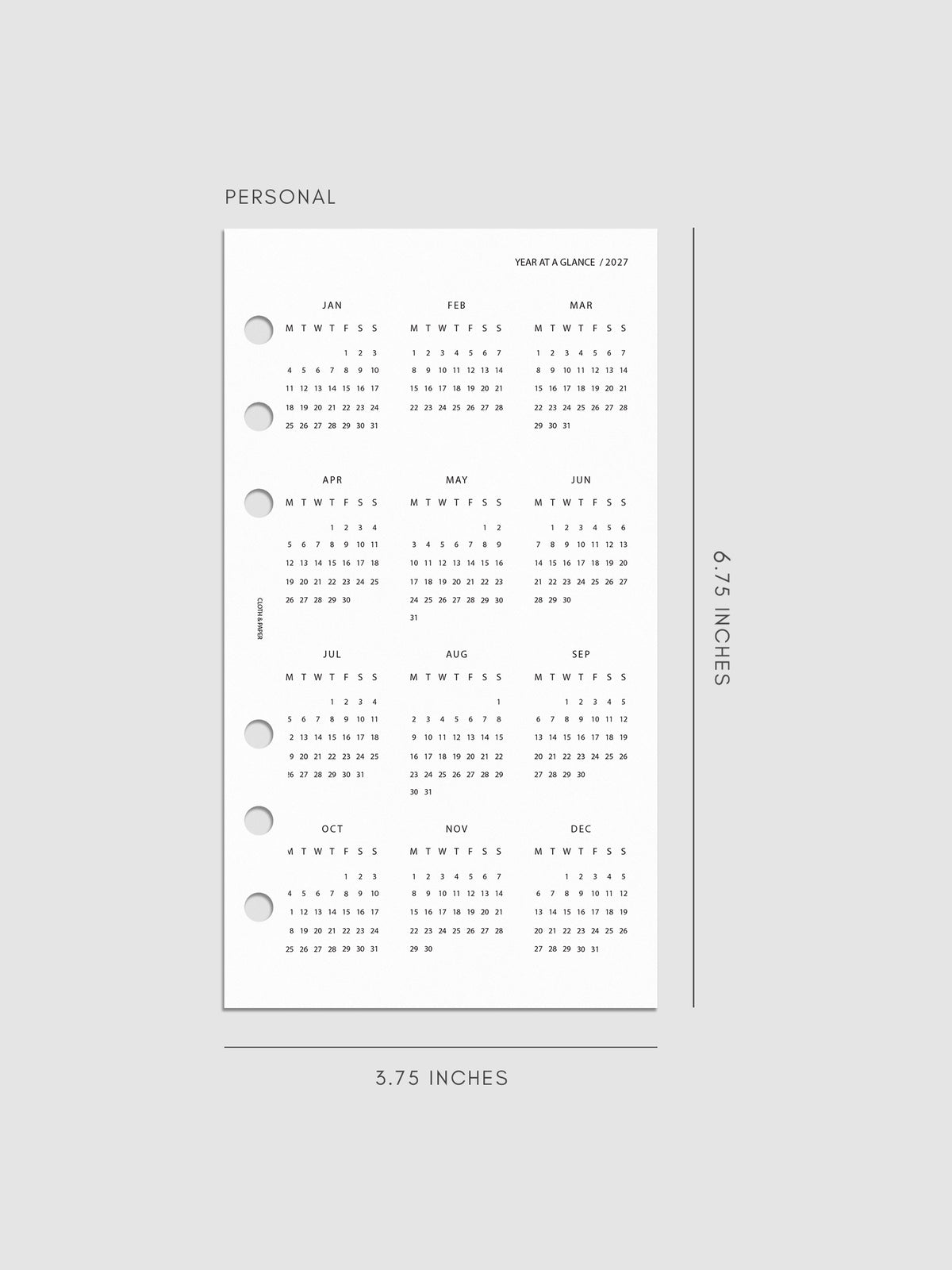 2027 Year At A Glance Dashboard Monday Start, Personal 6-Ring Punch, translucent vellum dashboard printed with a full year calendar in Monday-start format