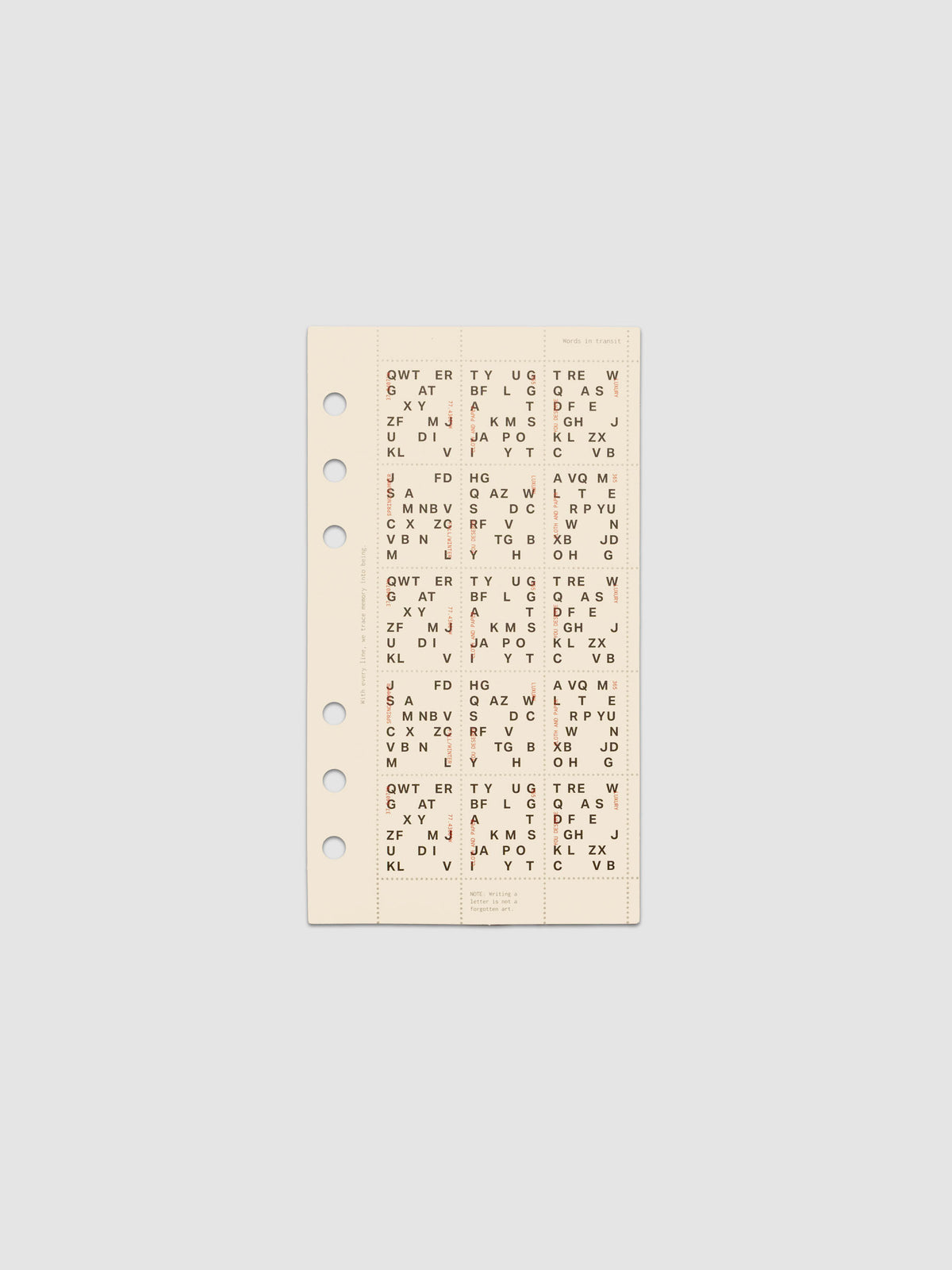 Cream colored Stamp Sheet Planner Dashboard with black text design shown in size Personal against a grey background.