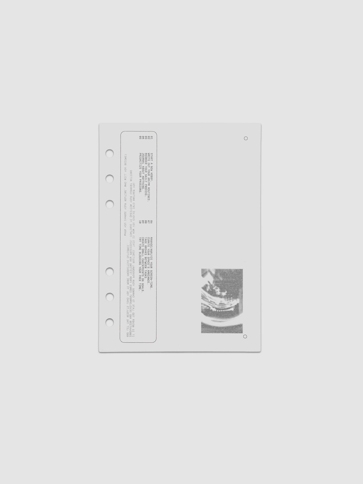Translucent vellum dashboard with black printed type and photographic designs. Pre-punched for Personal Wide sized 6-ring binders.