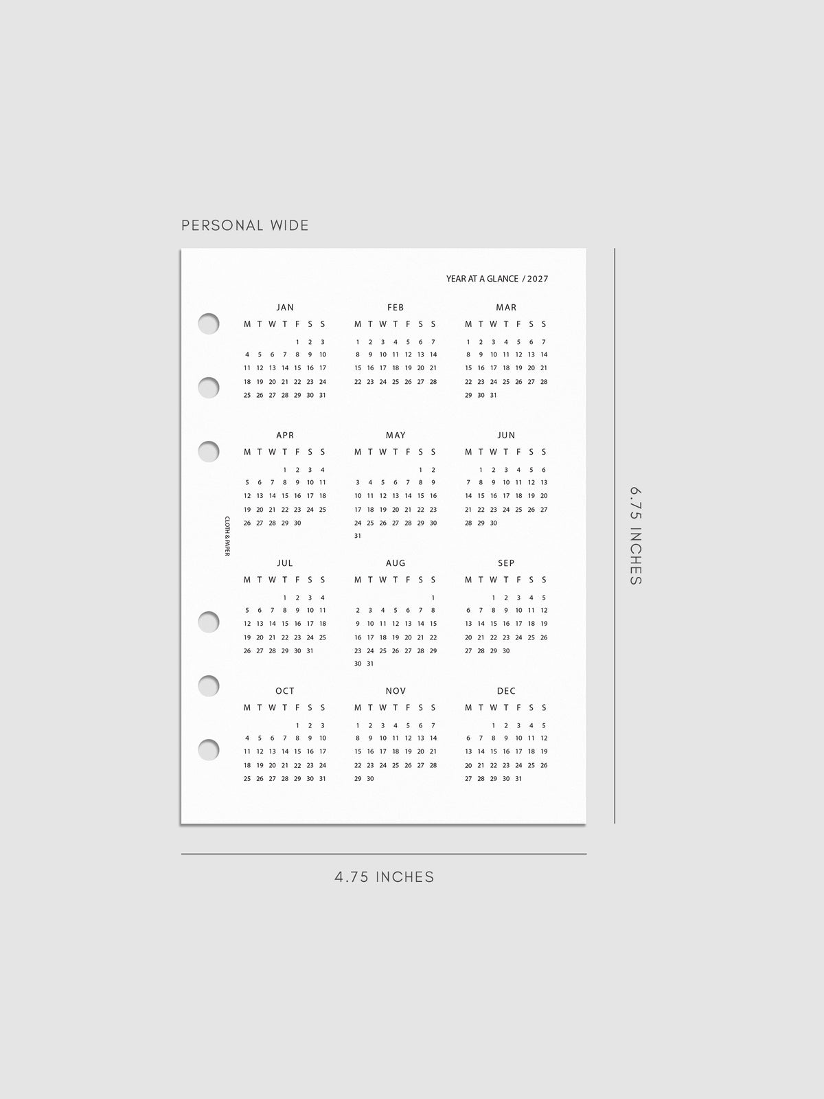 2027 Year At A Glance Dashboard Monday Start, Personal Wide 6-Ring Punch, translucent vellum dashboard printed with a full year calendar in Monday-start format