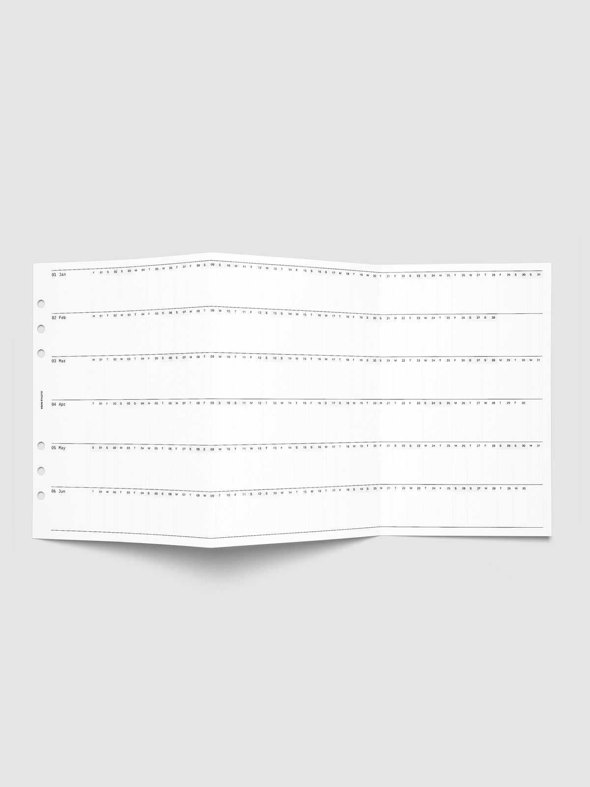 2027 Dated Fold Out Insert for the A5 6-Ring planner unfolded flat, showing six months of dated daily boxes across one side.
