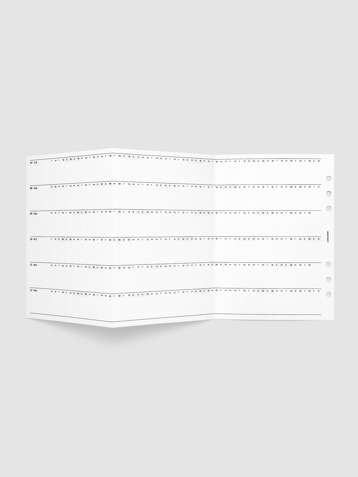 2027 Dated Fold Out Insert for the A5 6-Ring planner unfolded flat, showing six months of dated daily boxes across one side.
